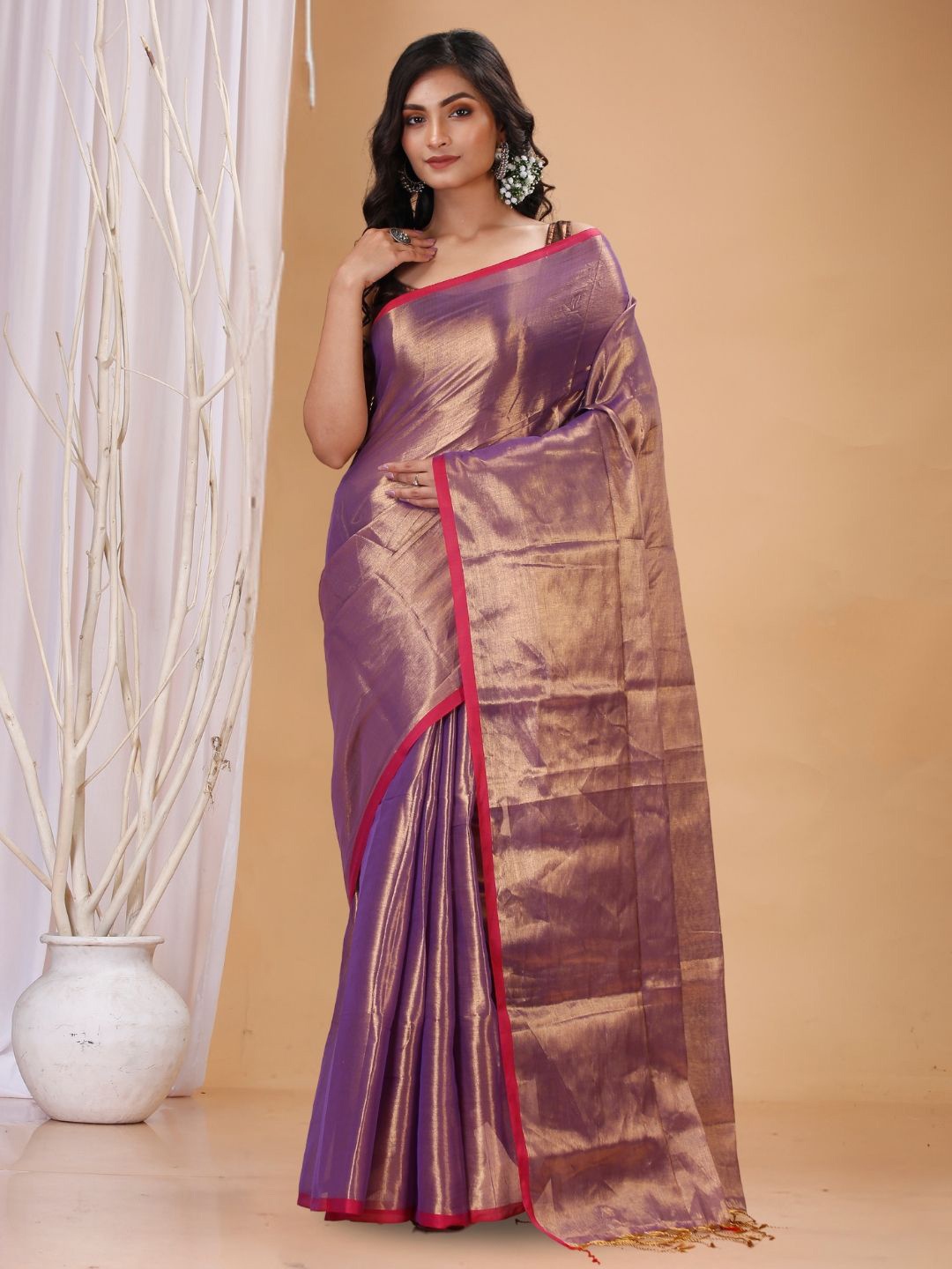 

T.J. SAREES Women Tissue Saree With Blouse Piece, Violet