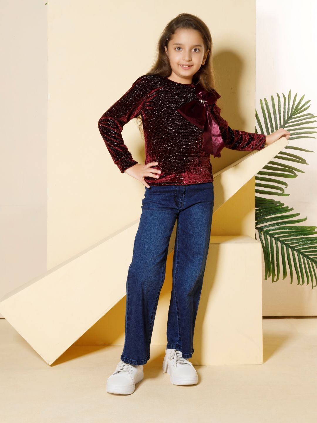 

Peppermint Girls Self Design Embellished Velvet Top, Maroon