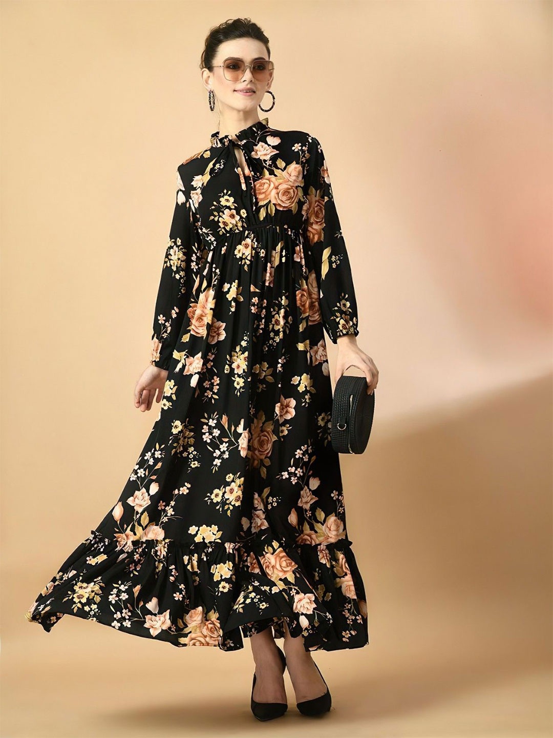 

Femvy Floral Printed Tie-Up Neck Maxi Dress, Black