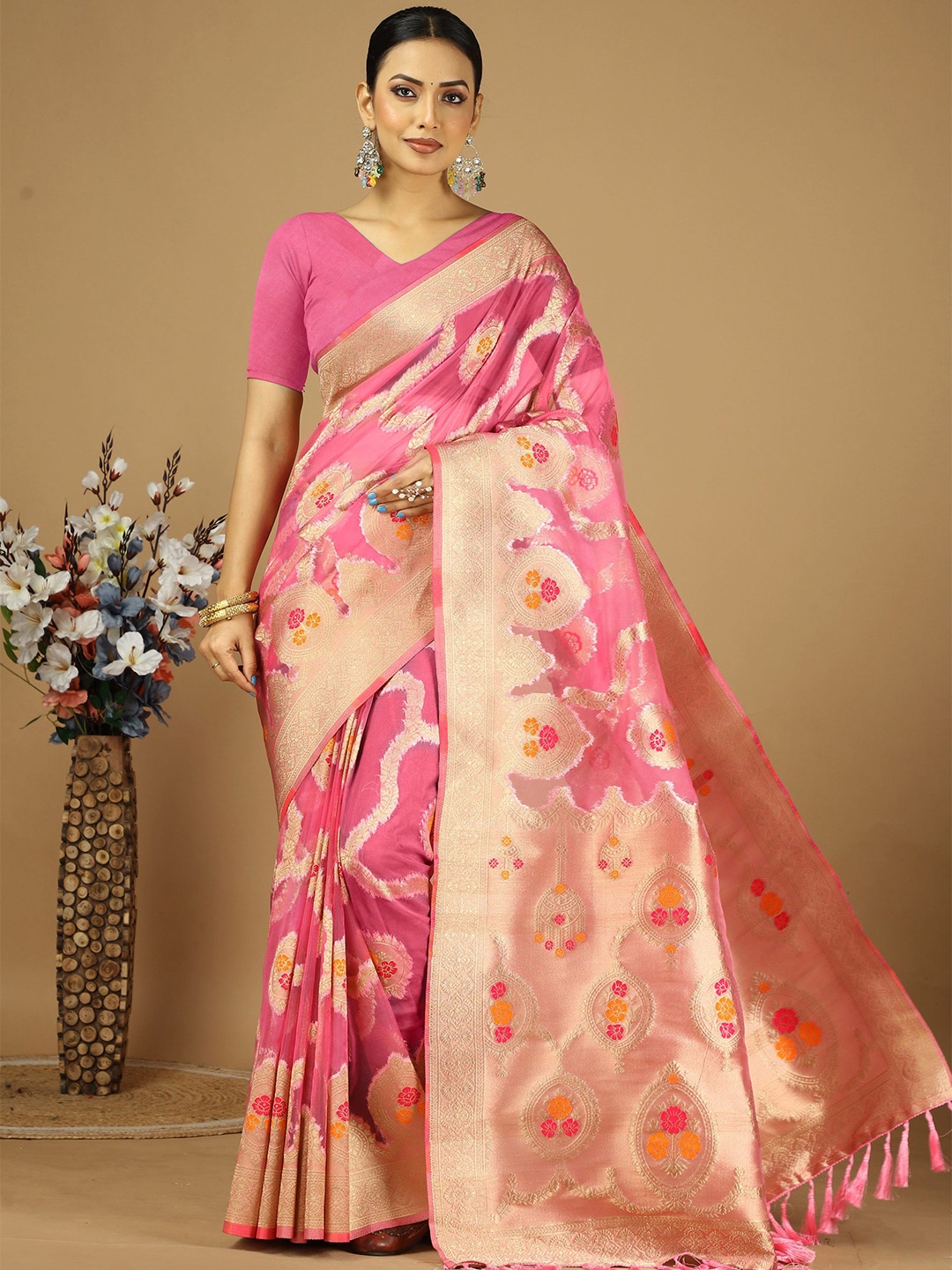

KAYOMMI Woven Design Zari Organza Banarasi Saree, Pink