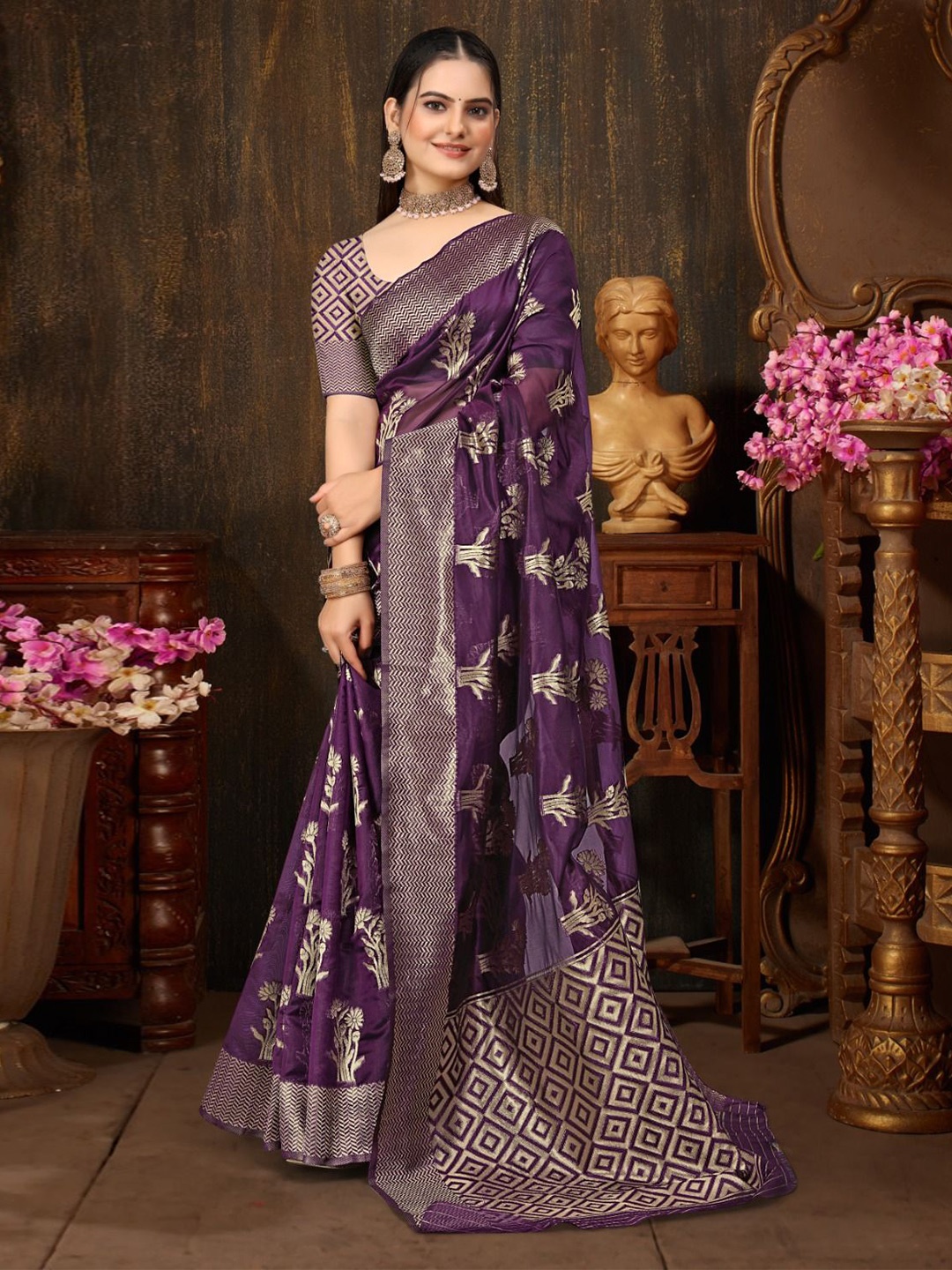 

Aagiri Woven Design Zari Organza Banarasi Saree, Purple