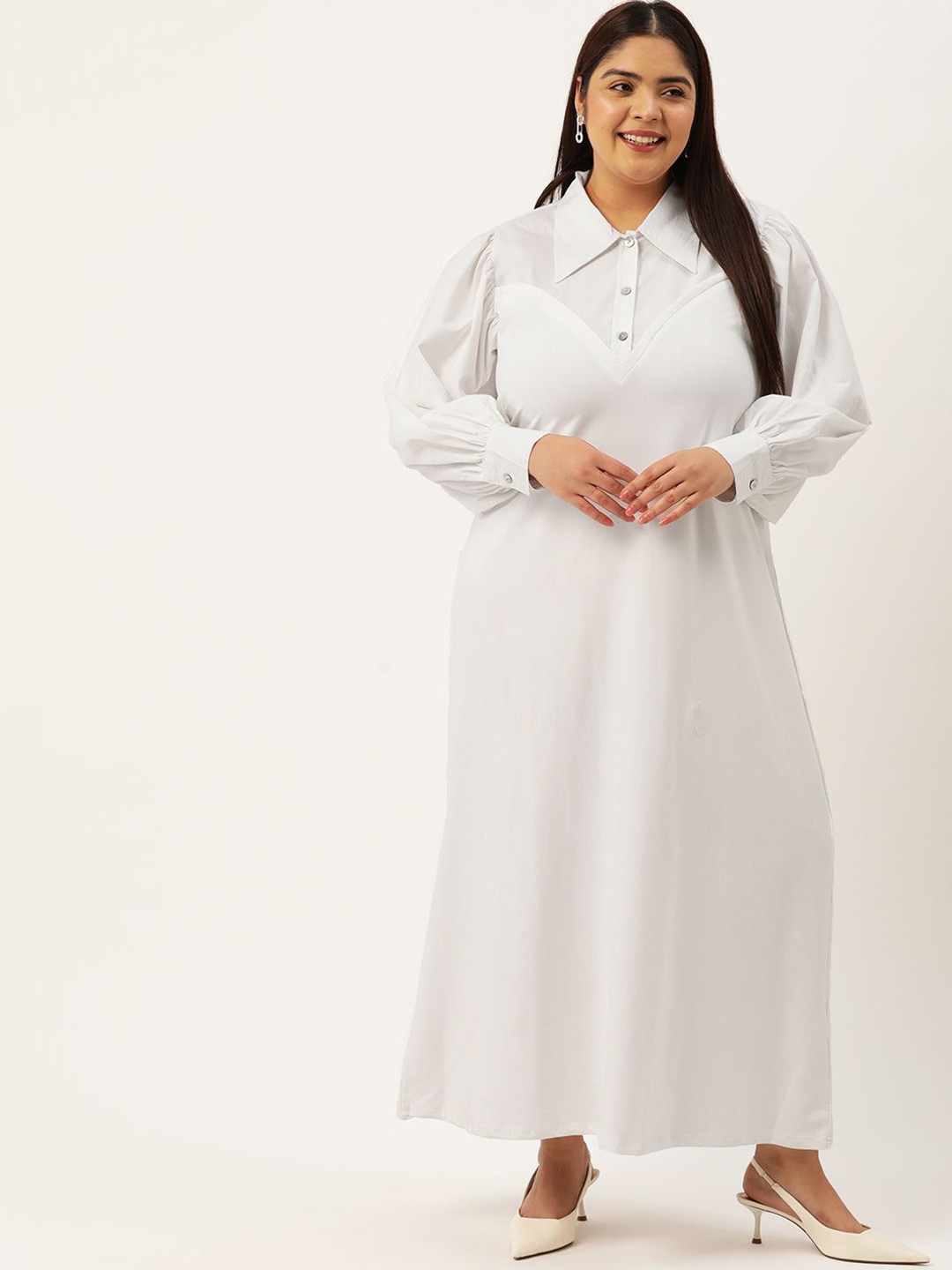 

theRebelinme Women Plus Size Shirt Collar A-Line Maxi Dress, White