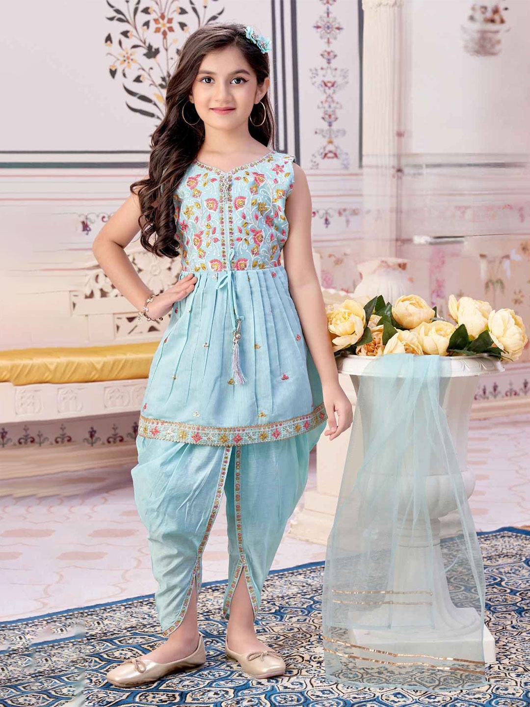 

Lagorii Sleeveless With Sequins Pure Silk Embroidered Dhoti Set -Blue