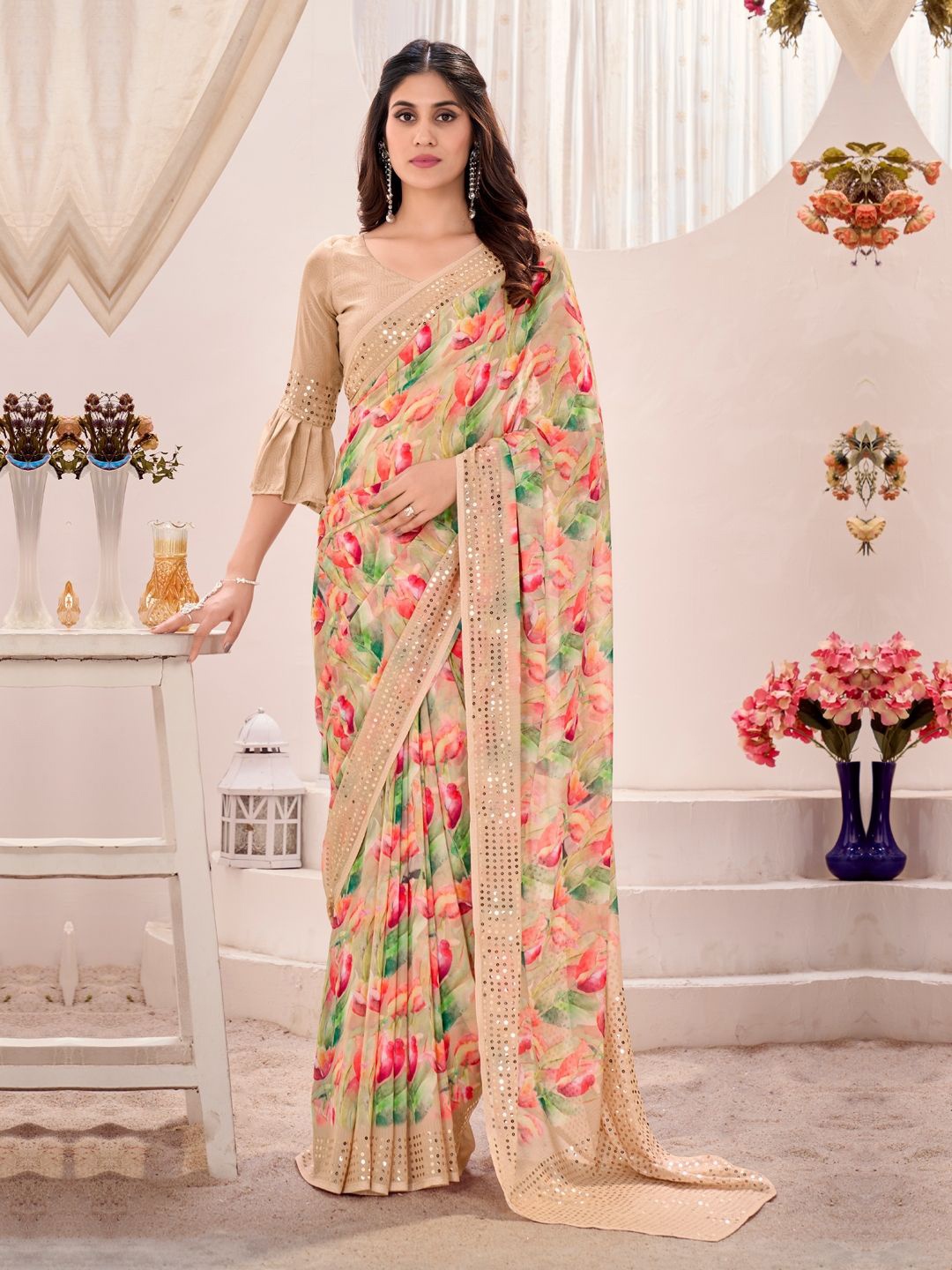 

CHUDIYA Floral Sequinned Saree, Nude
