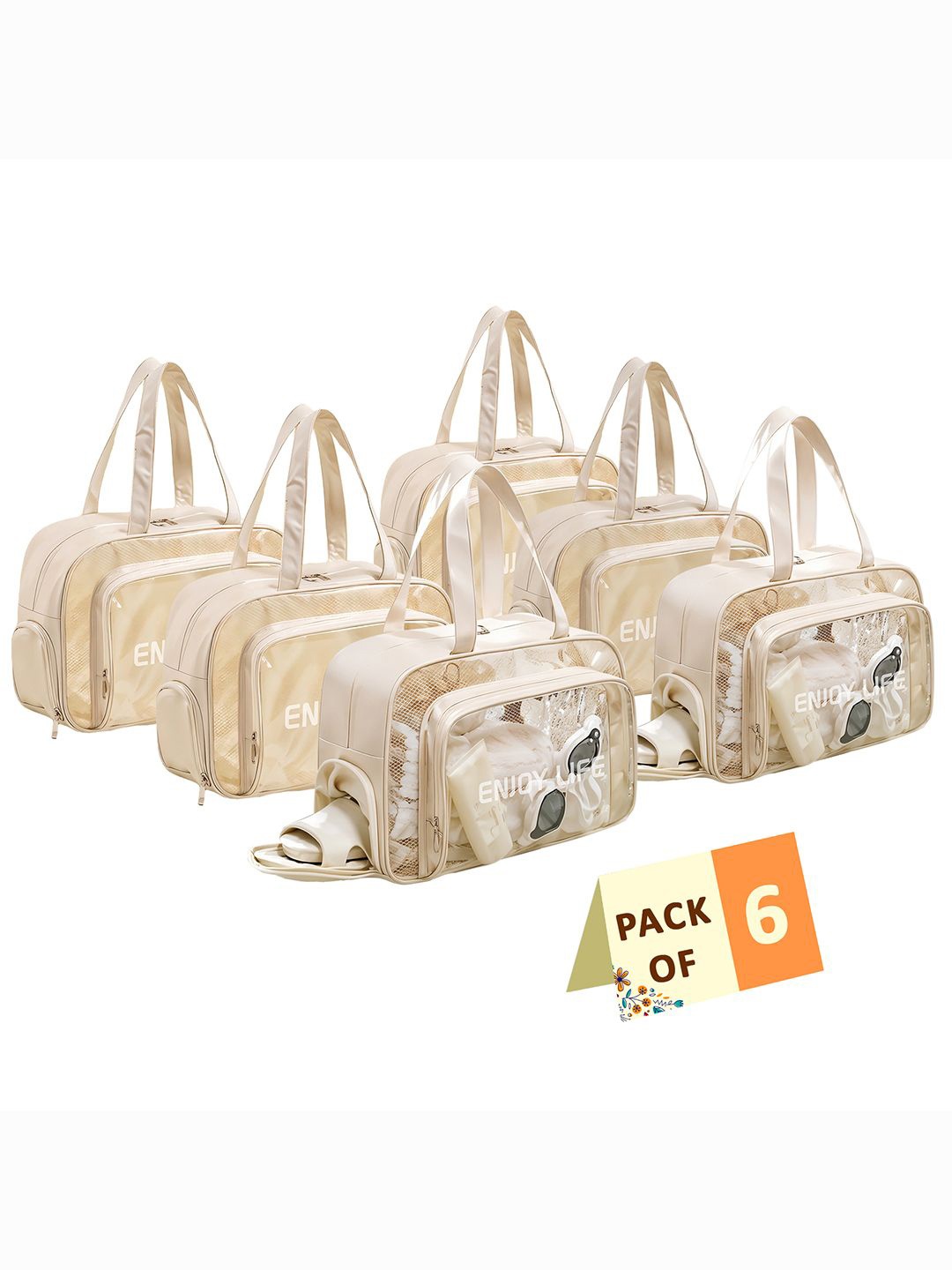 

Kuber Industries Set Of 6 Beige Makeup Organizer Pouch With Zip & Handle