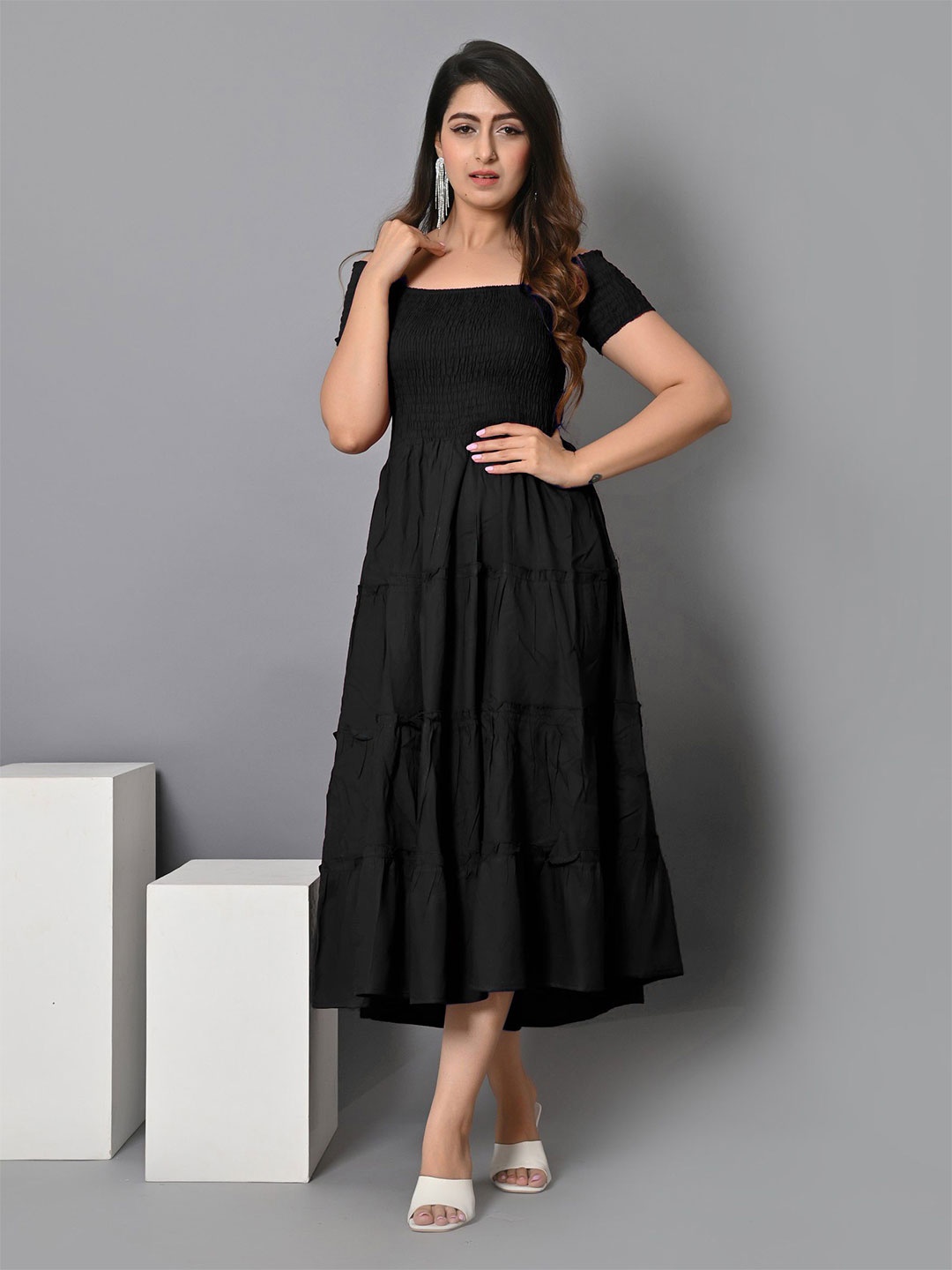 

Raiyani Enterprise Women Off-Shoulder Crepe Fit & Flare Maxi Dress, Black