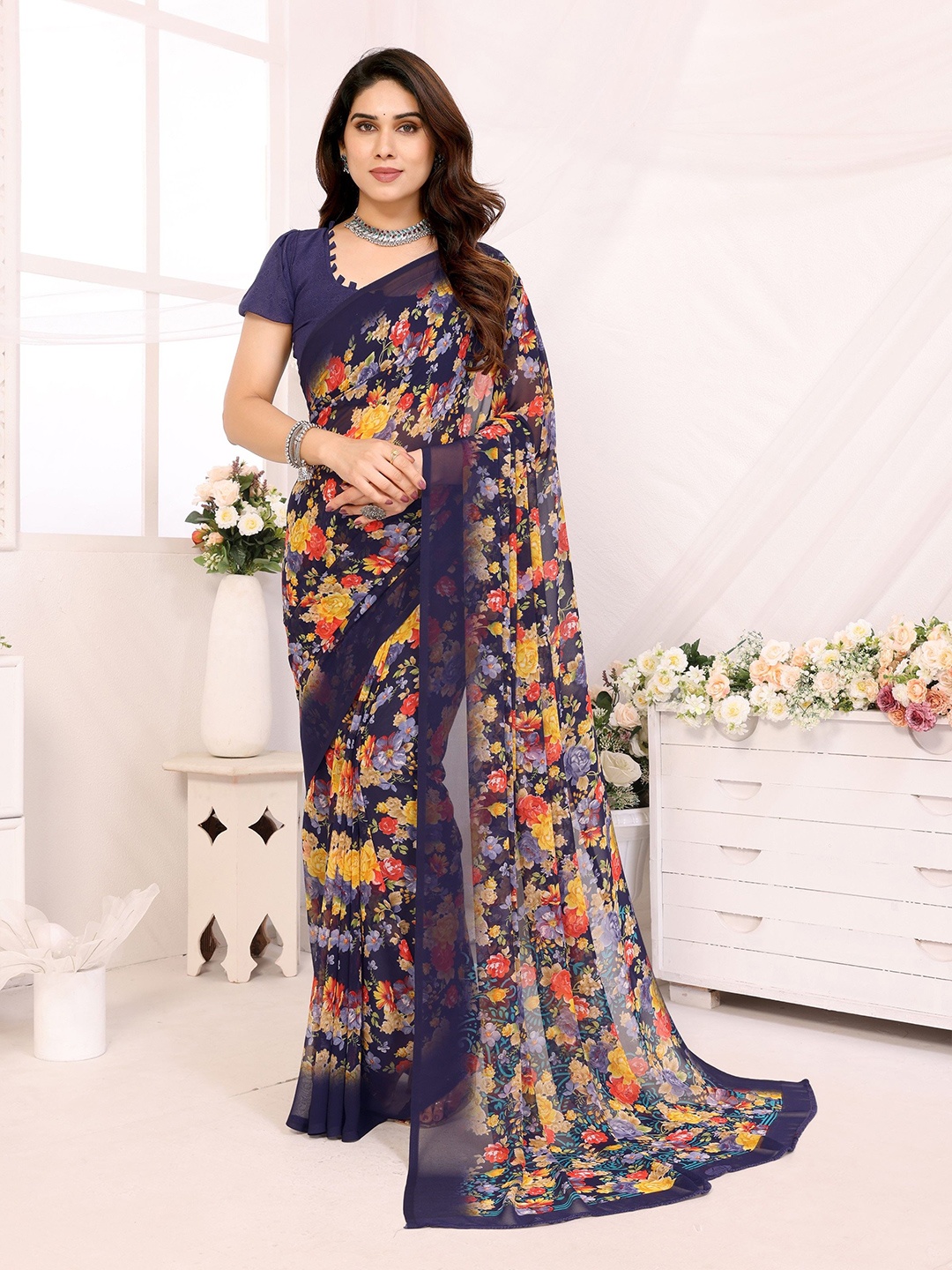 

The Textile Hub Floral Printed Pure Georgette Saree, Navy blue