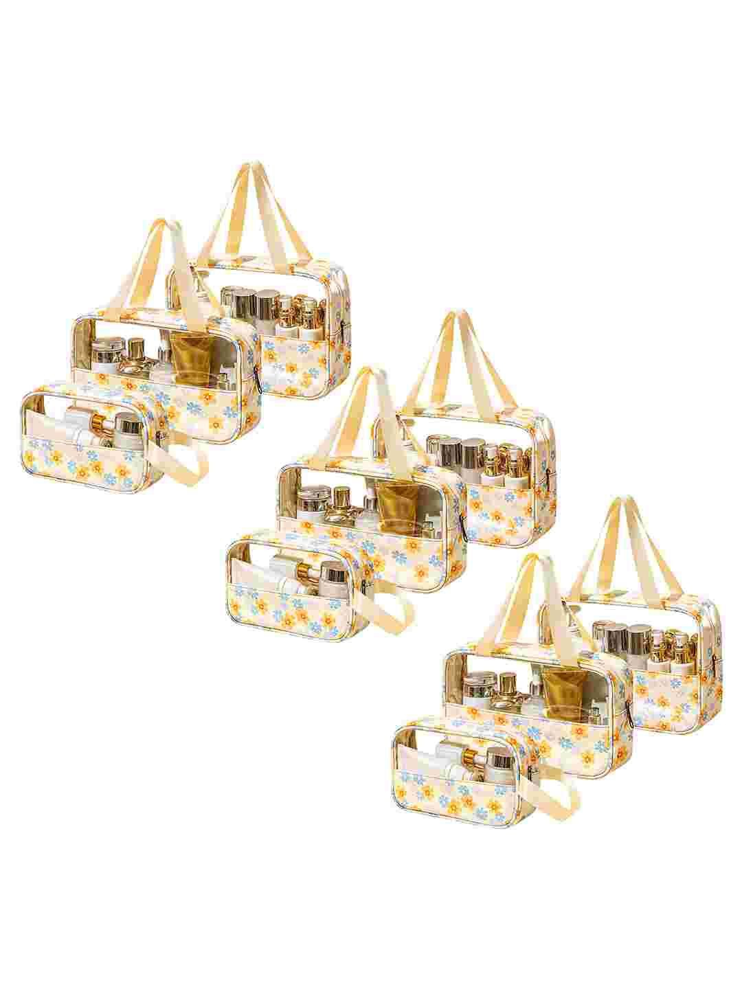 

Kuber Industries Set Of 9 Yellow Flower Printed Travel Toiletry Pouch