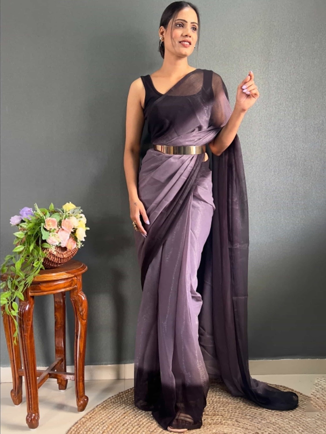 

DIVASTRI Leheriya Pure Crepe Jamdani Saree, Purple