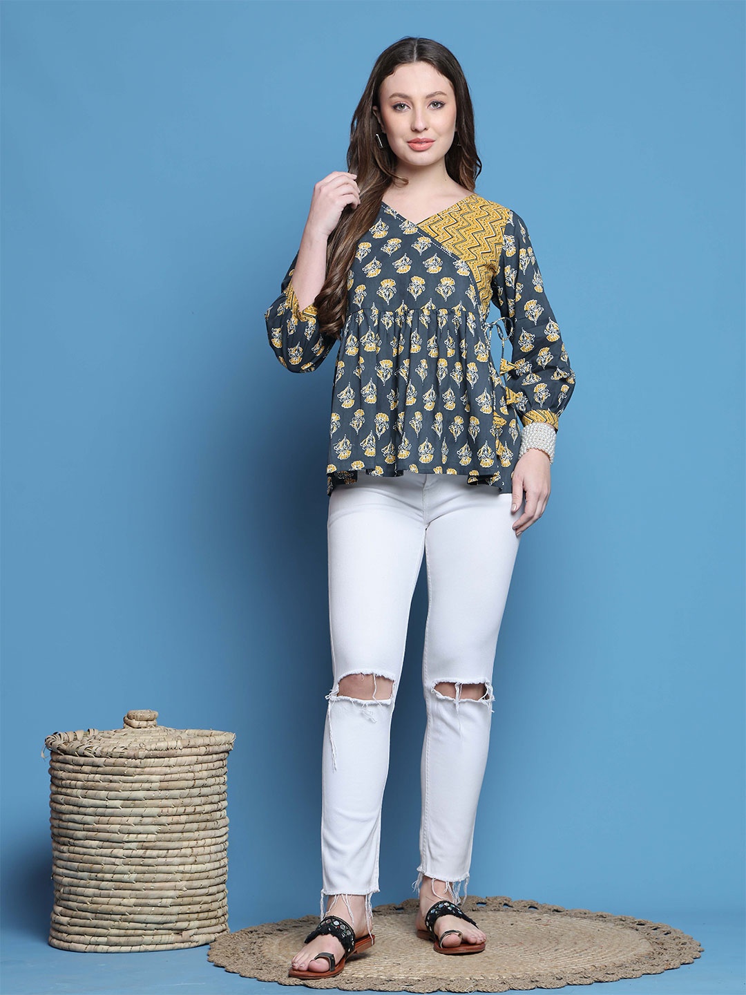 

Roly Poly Women Floral Printed V-Neck Pure Cotton Peplum Top, Grey