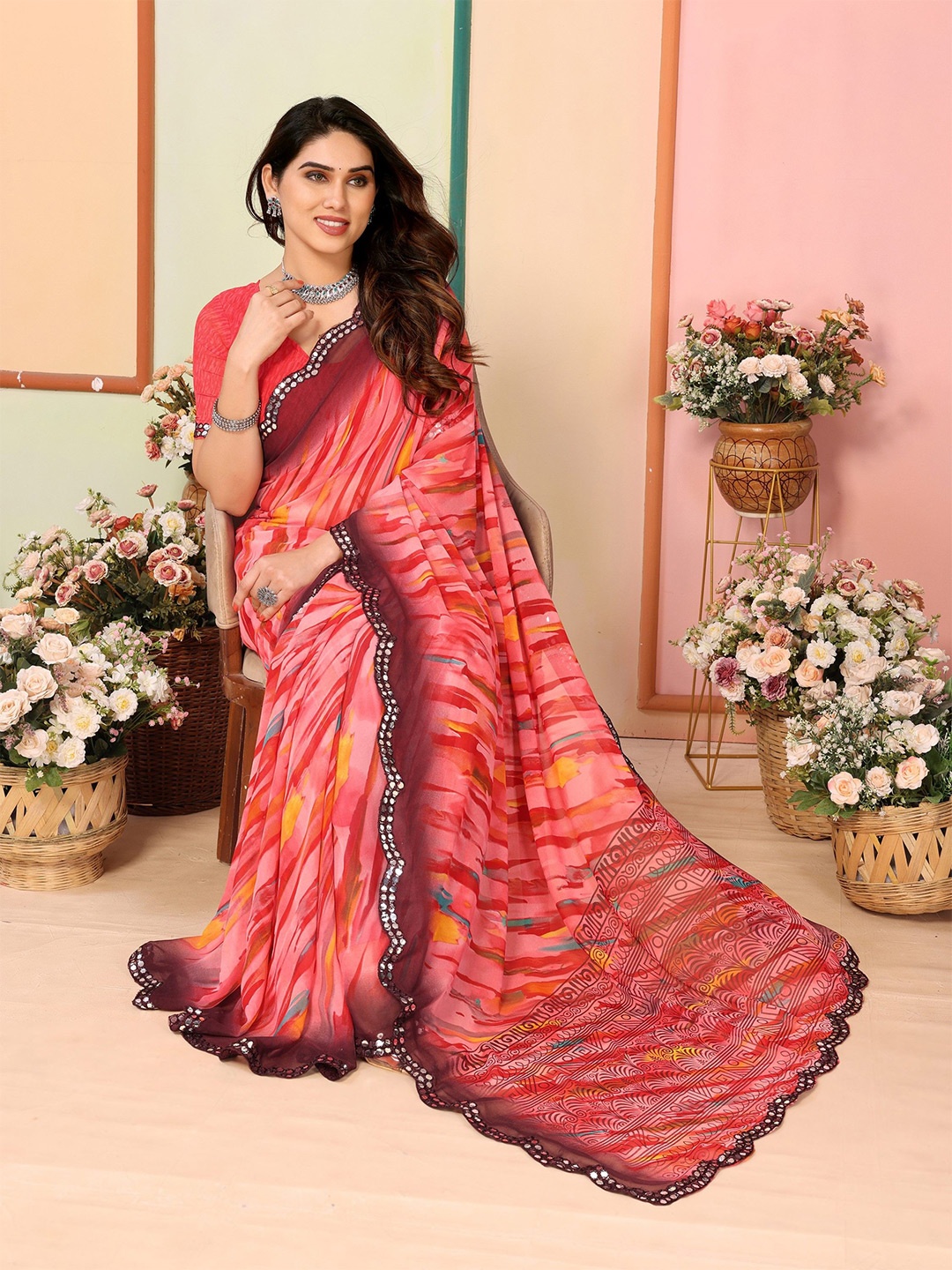 

The Textile Hub Abstract Printed Mirror Work Pure Georgette Saree, Red