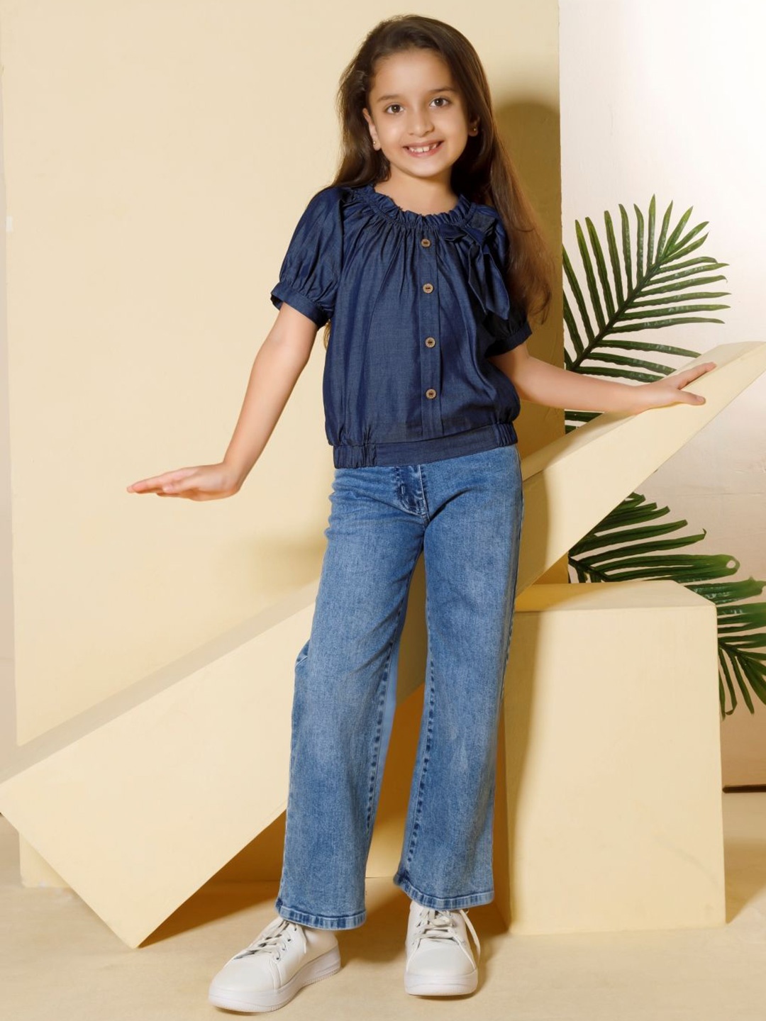 

Peppermint Girls Puff Sleeve Cotton Denim Top, Blue