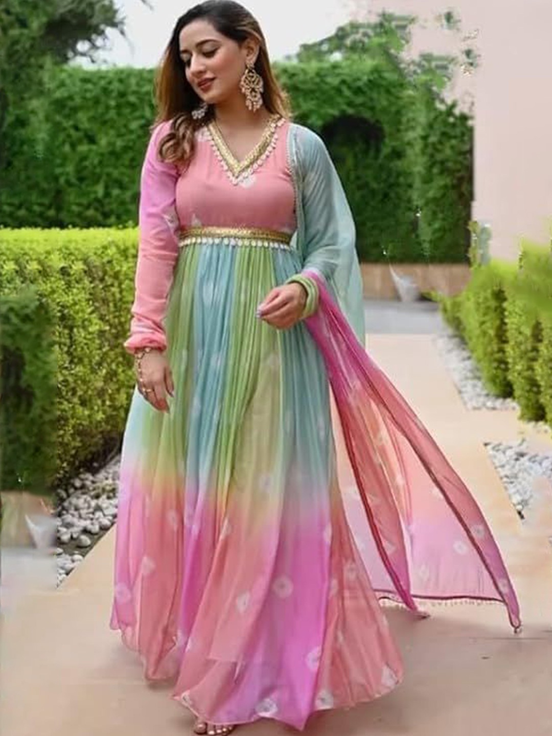

SHISHKALA Women Printed Gown Ethnic Dress With Dupatta, Pink