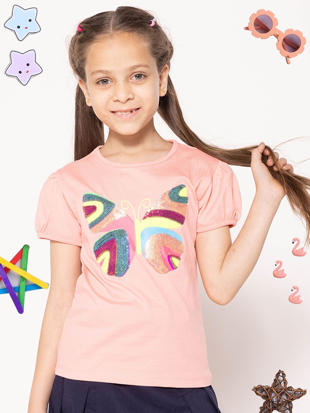 

PAMPOLINA Girls Embellished Top, Peach
