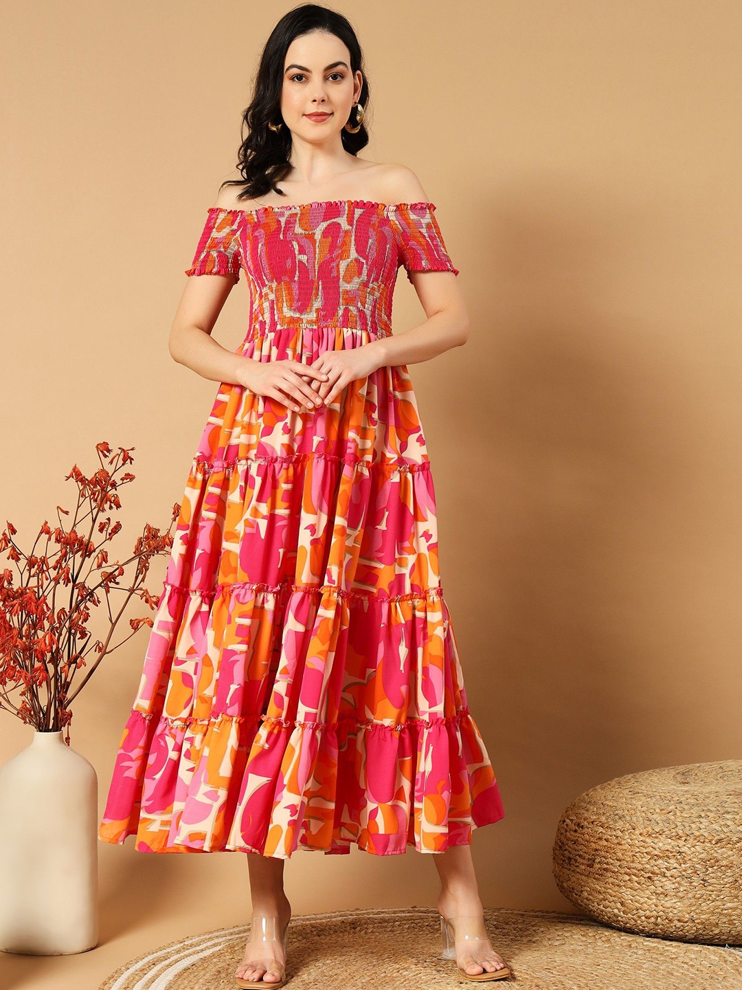 

Raiyani Enterprise Women Printed Off-Shoulder Crepe Fit & Flare Maxi Dress, Orange