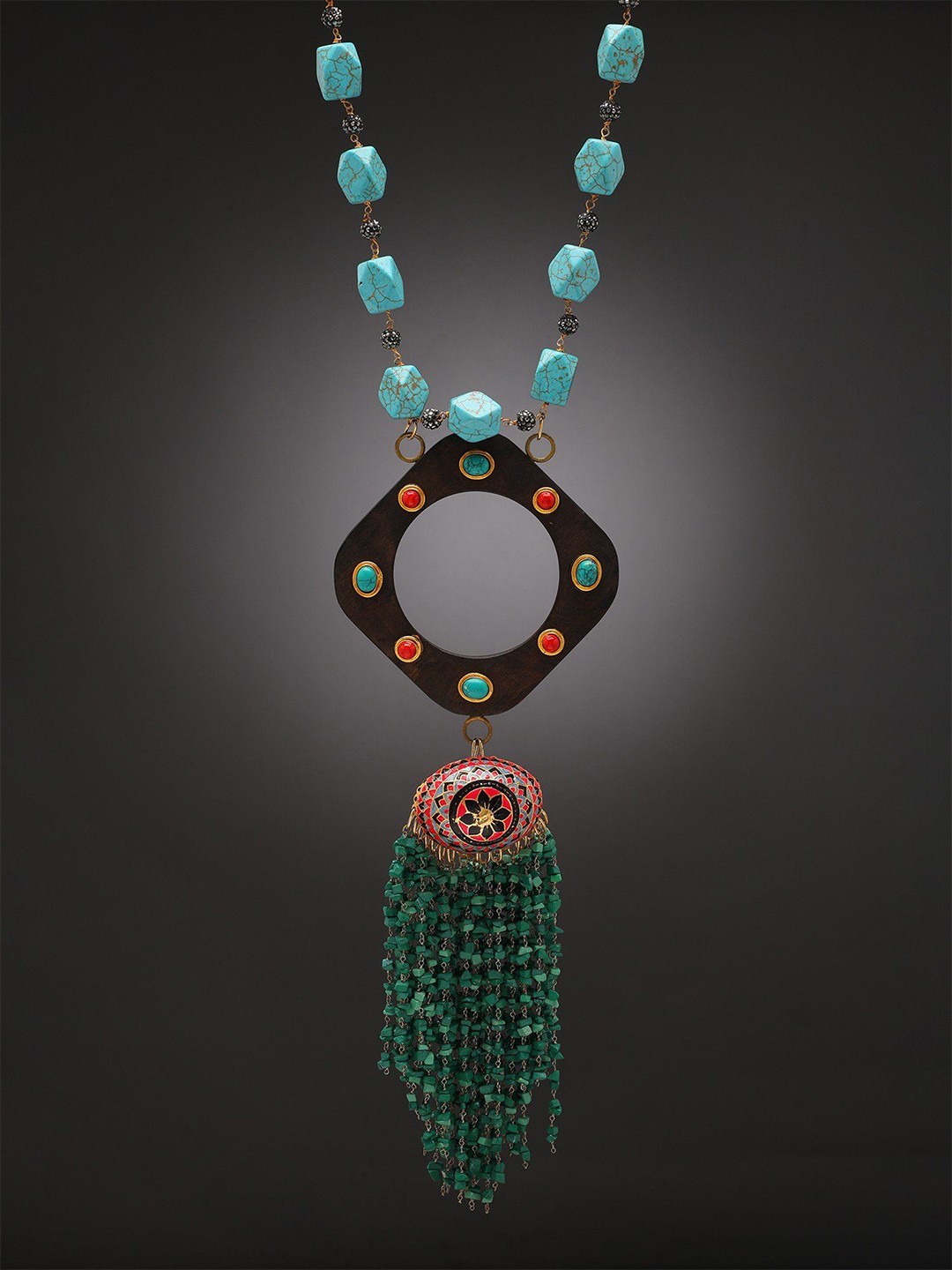 

Exotic India Long Counterfeit Turquoise Necklace with Fringes, Gold