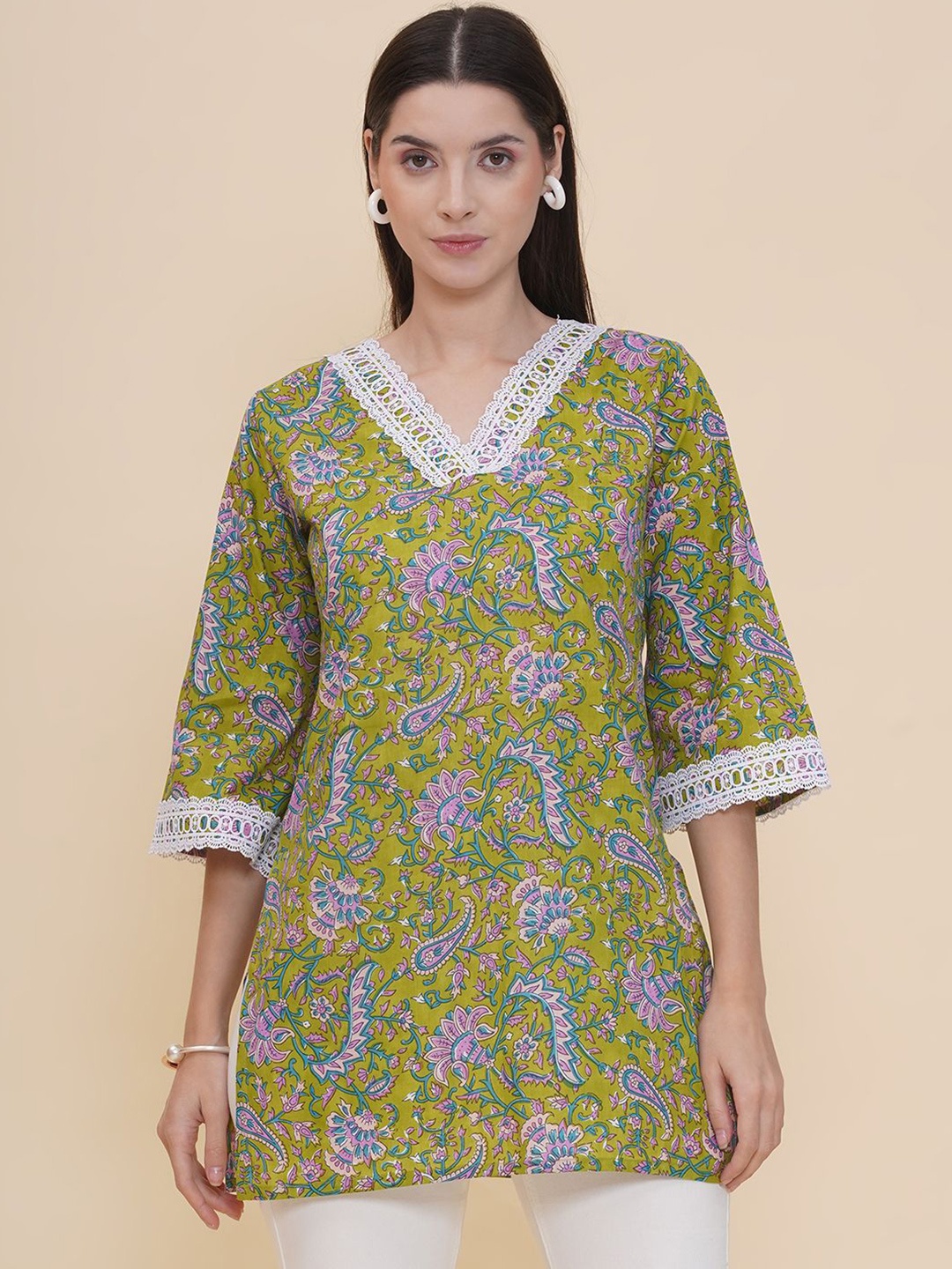 

Modish Couture V-Neck Pure Cotton Printed Tunic, Green