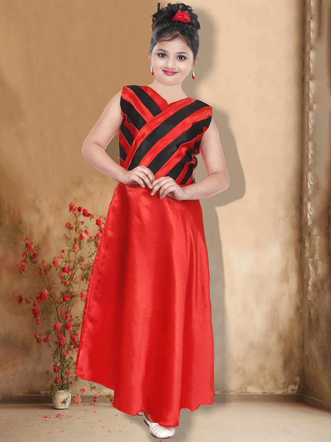 

KAARIGARI Girls V-Neck Maxi Dress, Red