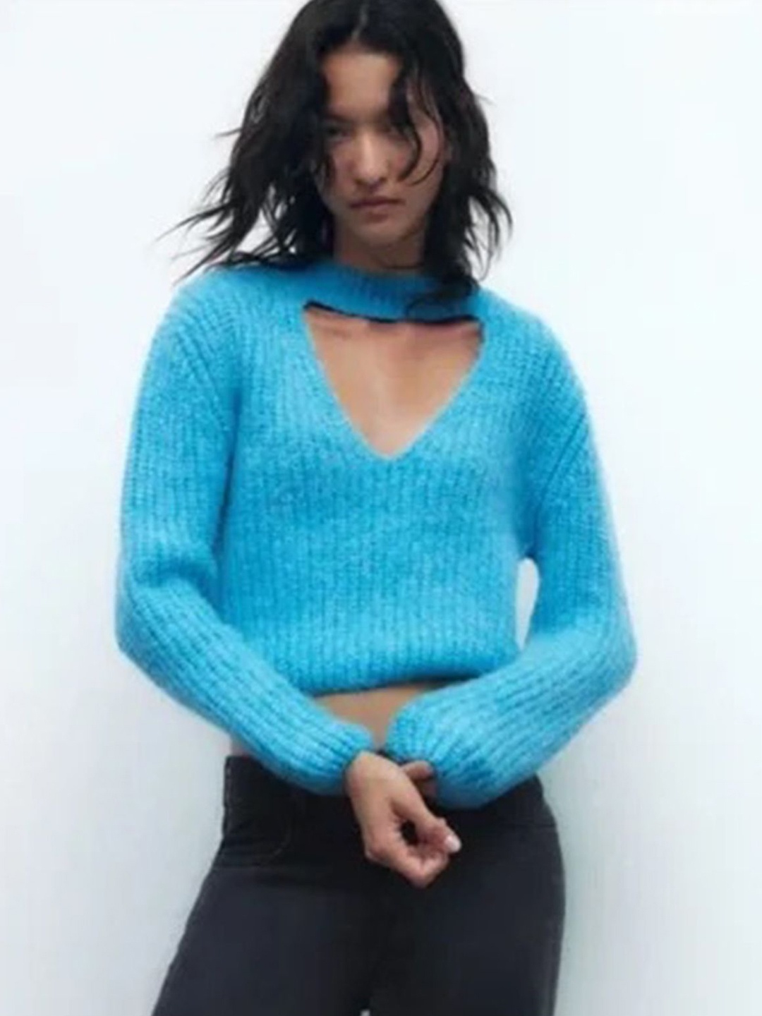 

LULU & SKY Women Ribbed Cut-out Detail Pullover, Blue