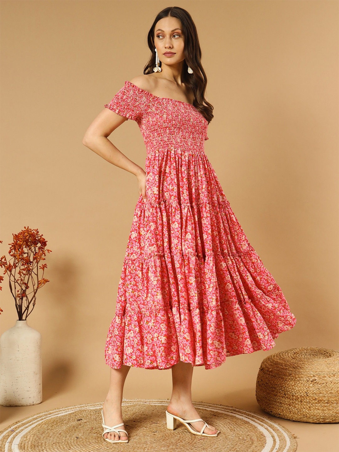 

Krunal Raiyani Floral Printed Off-Shoulder Tiered Fit & Flare Midi Dress, Red