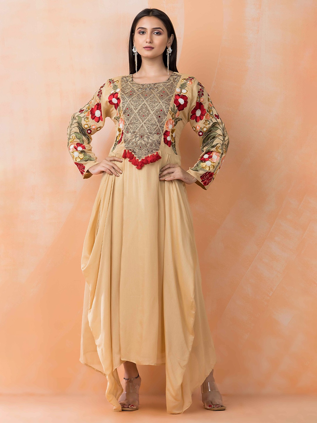

SACRED SUTA Women Floral Print Fit & Flare Maxi Dress, Beige