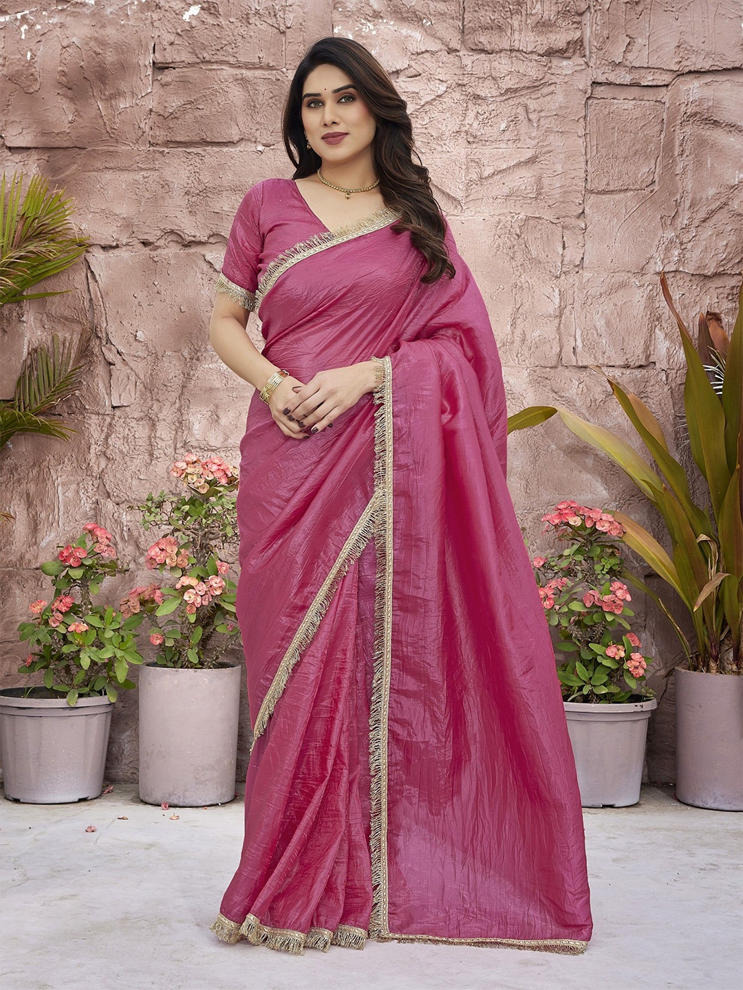 

The Textile Hub Embroidered Zari Pure Silk Saree, Pink