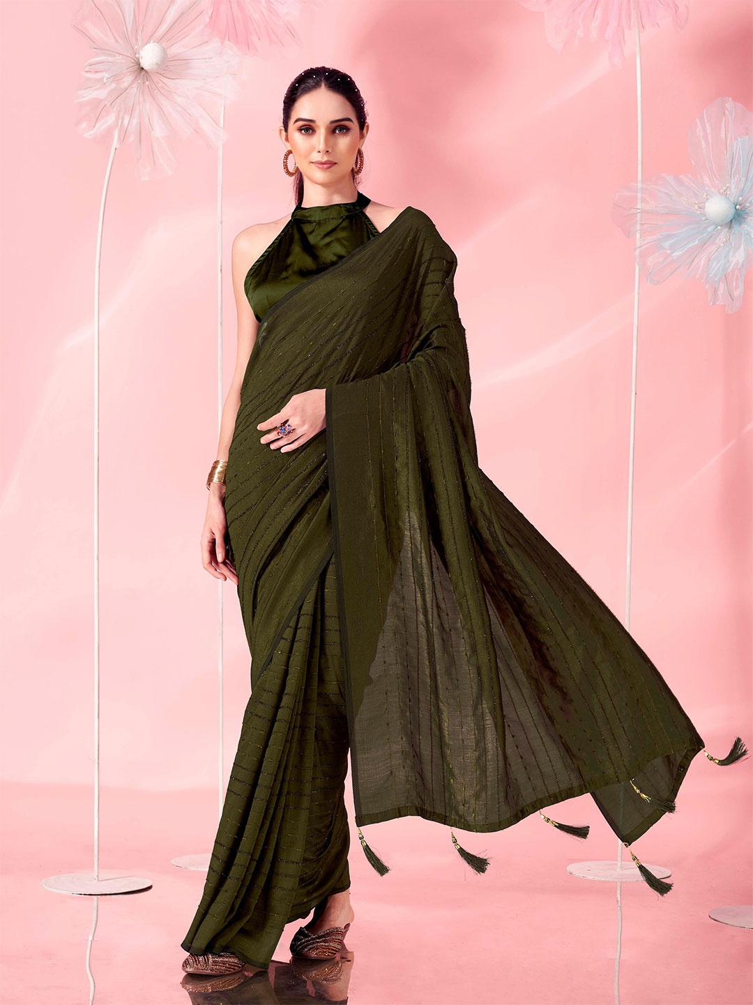 

Tikhi Imli Striped Zardozi Saree, Olive