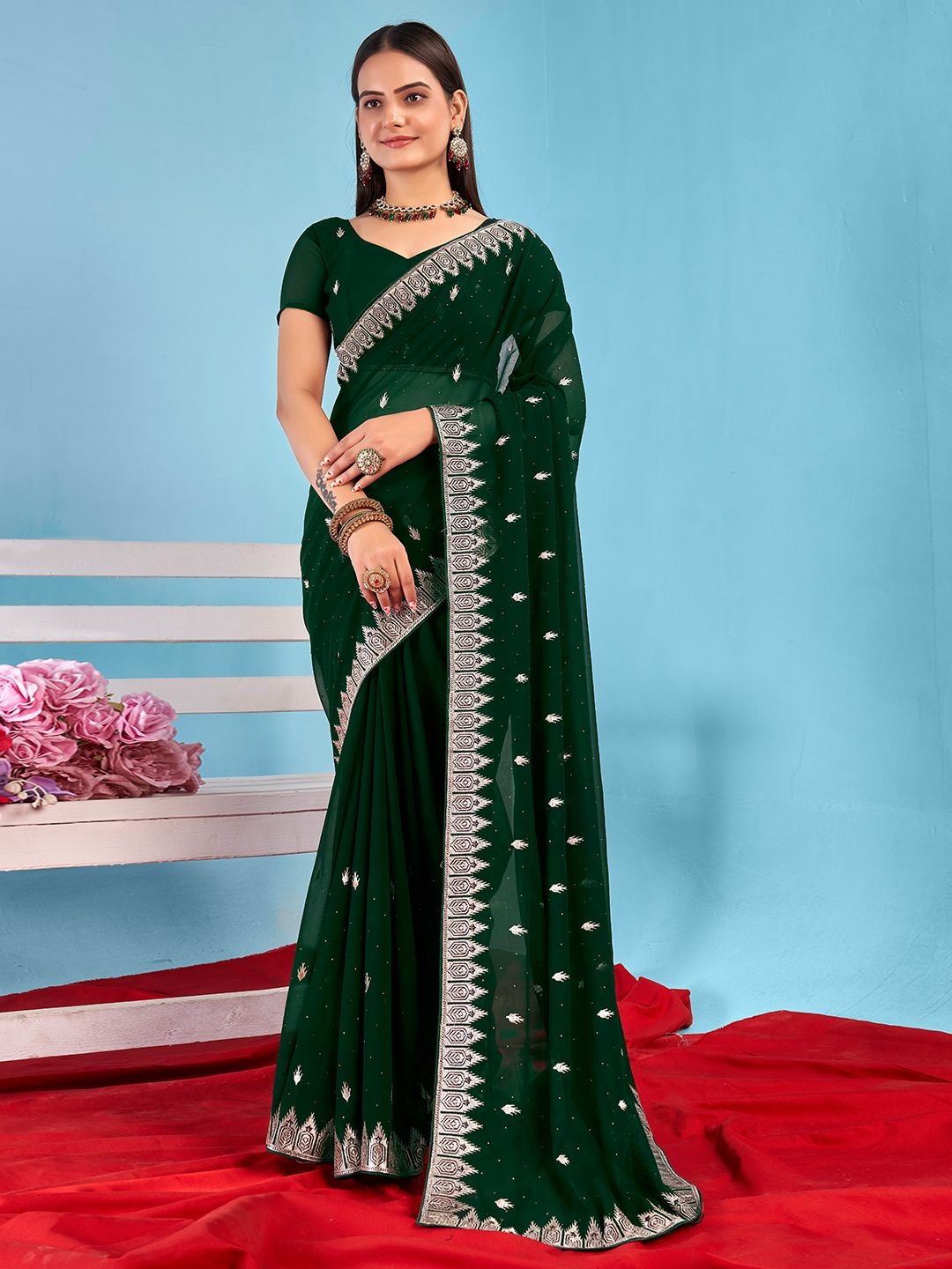 

Mitera Embellished Embroidered Saree With Unstitched Blouse Piece, Green