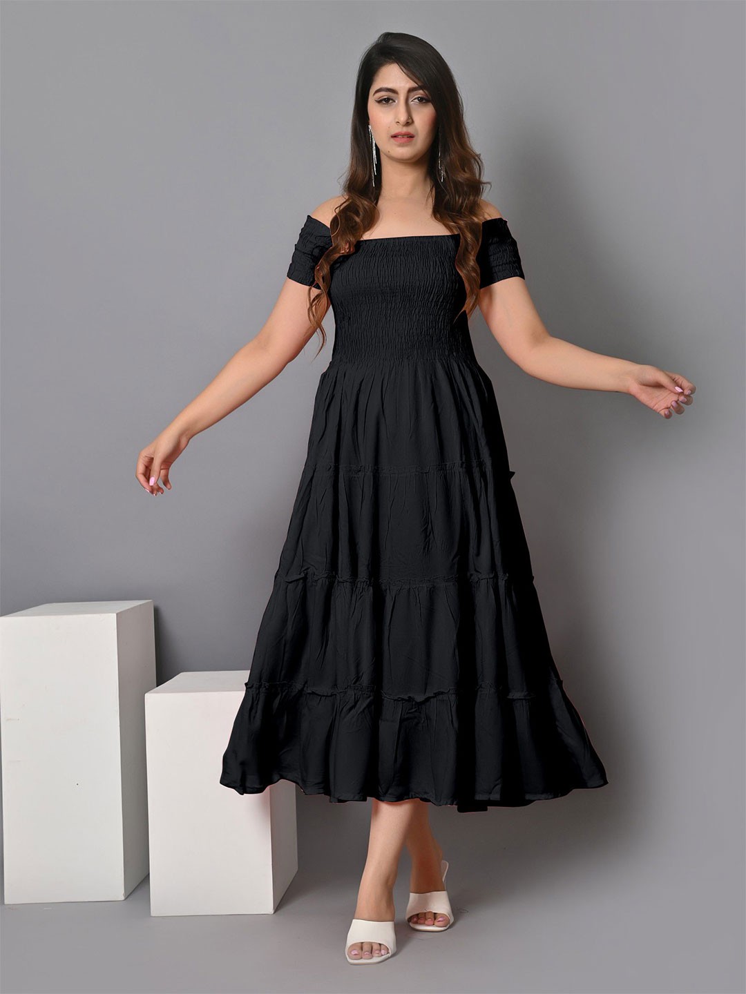 

Krunal Raiyani Square Neck Crepe Smocked Tiered Fit & Flare Midi Dress, Black