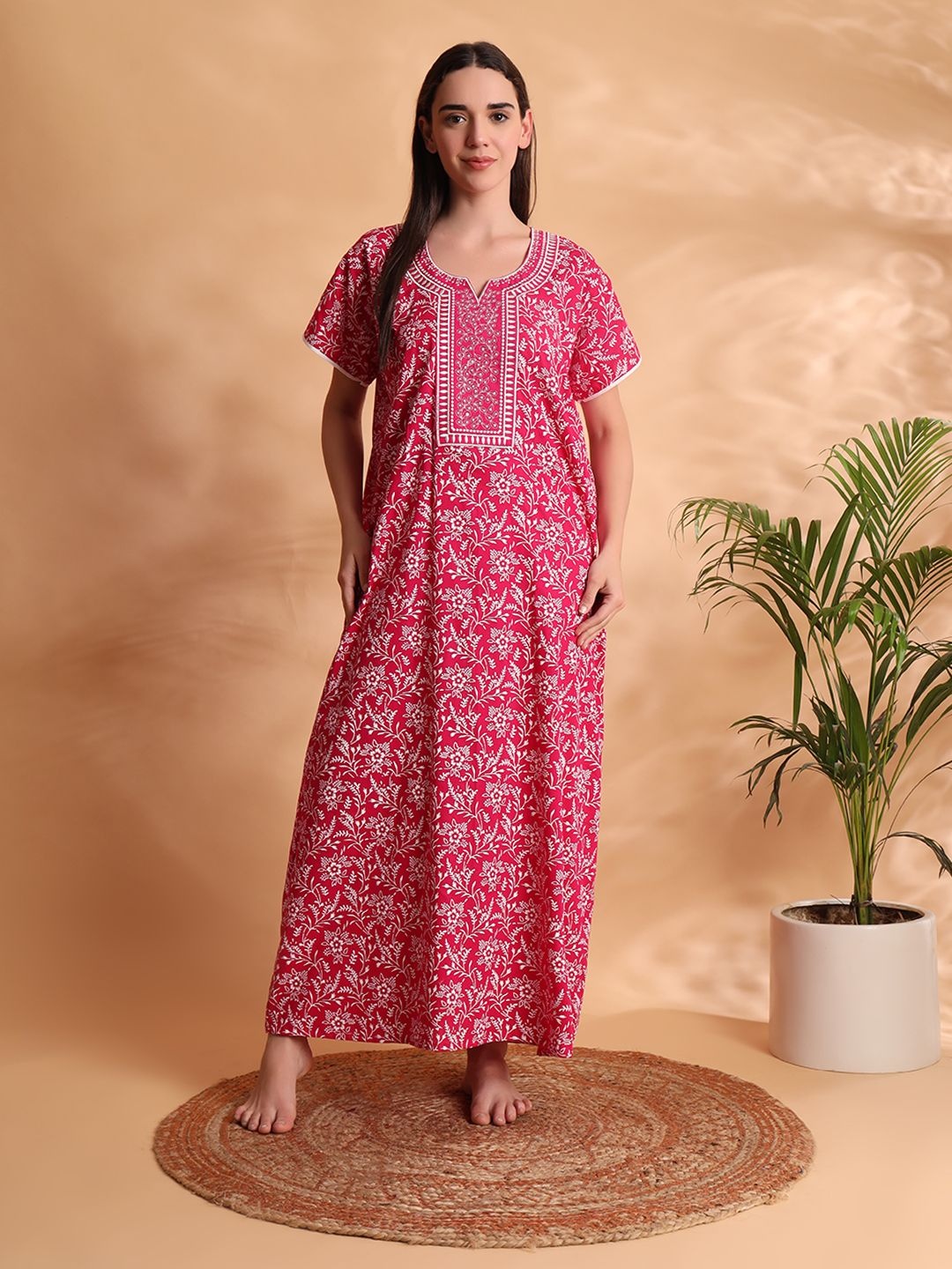 

G4Girl Women Embroidery Cotton Nightdress, Pink
