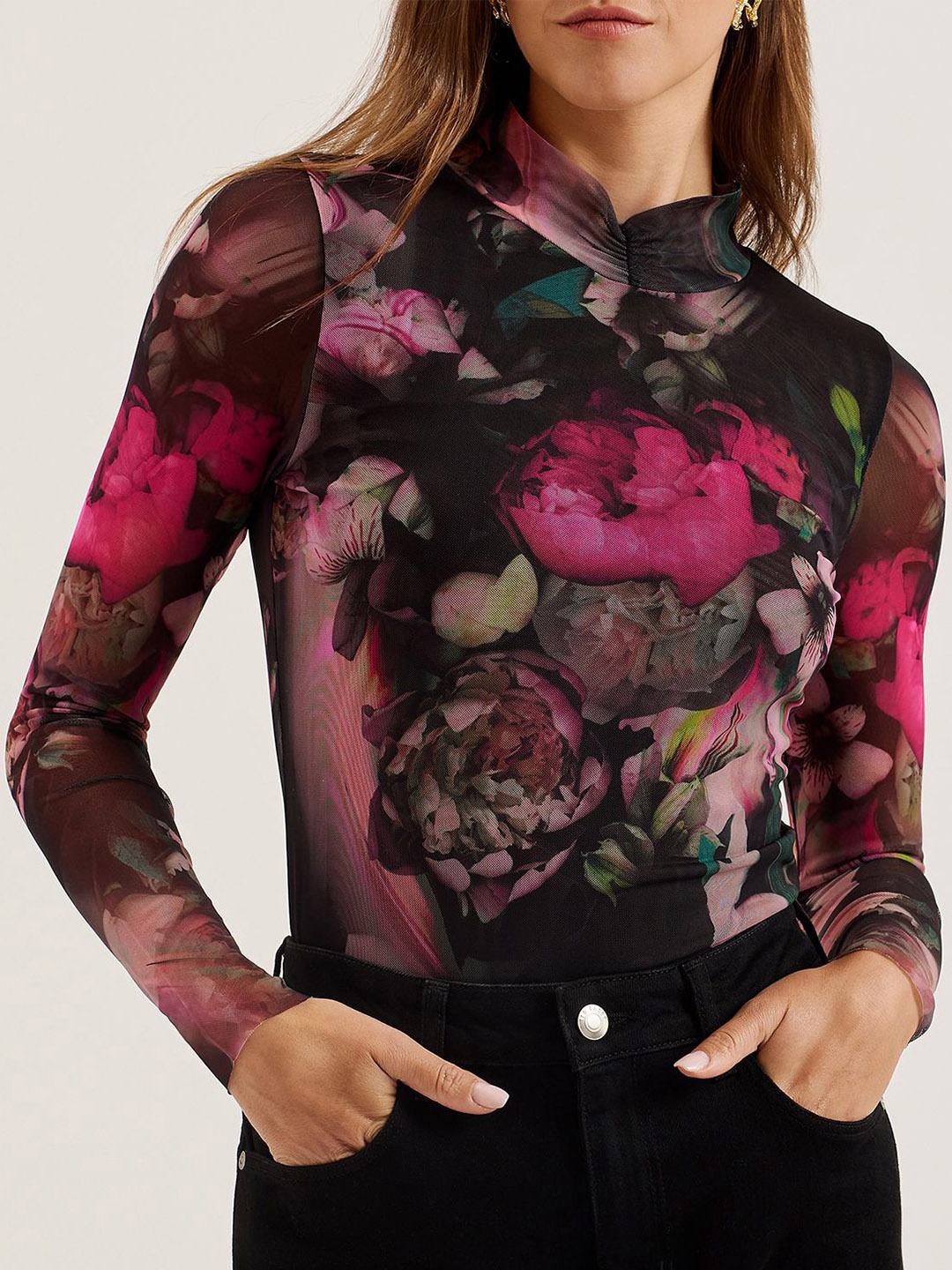 

Ted Baker Women Floral Printed High-Neck Top, Black