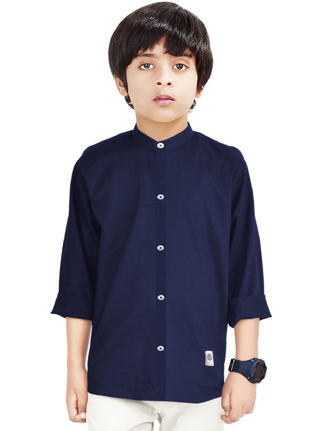 

MADE IN THE SHADE Boys Band Collar Solid Cotton Casual Shirt, Navy blue