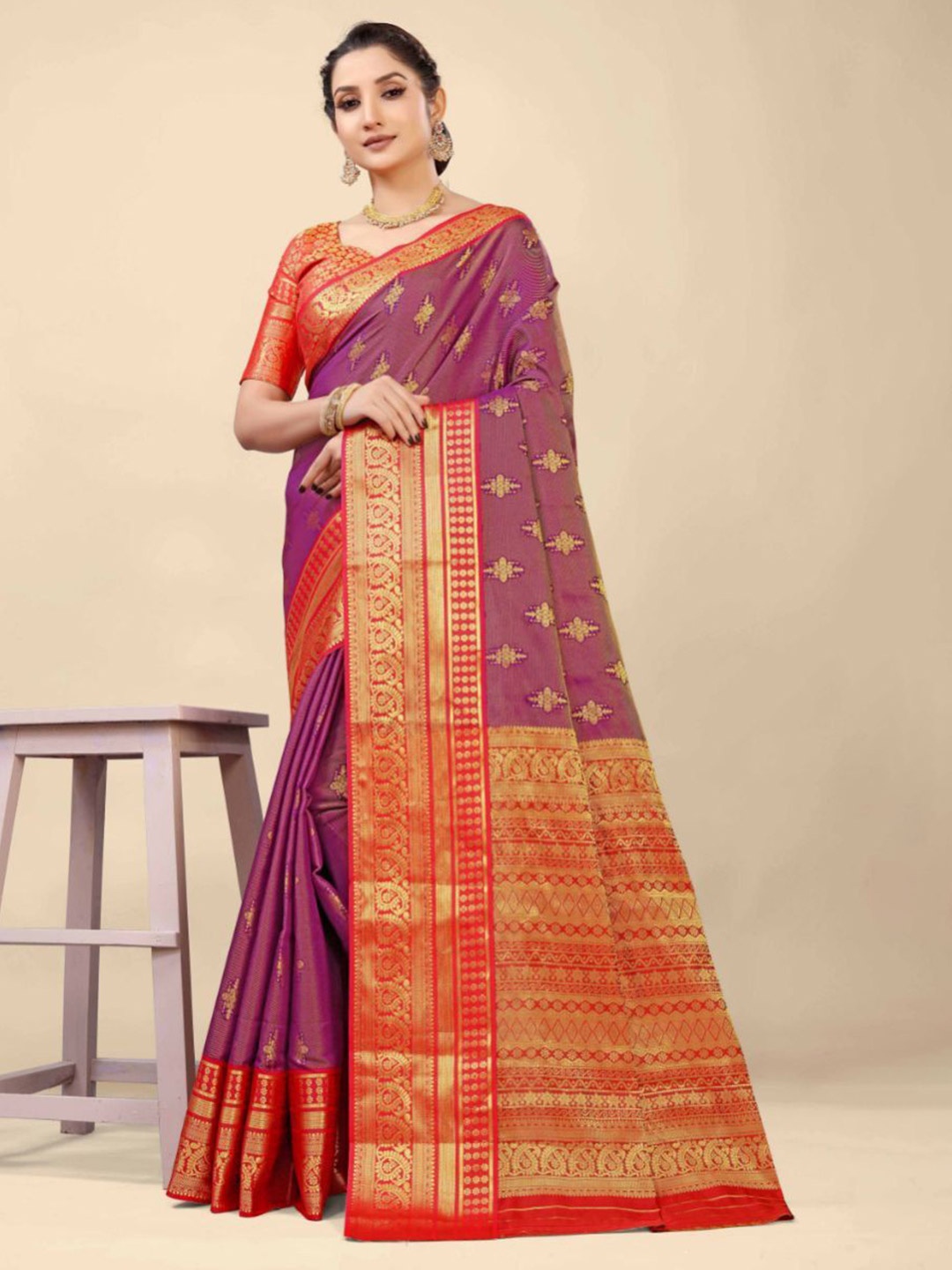 

ZIBLON Woven Design Zari Pure Silk Kanjeevaram Saree, Purple