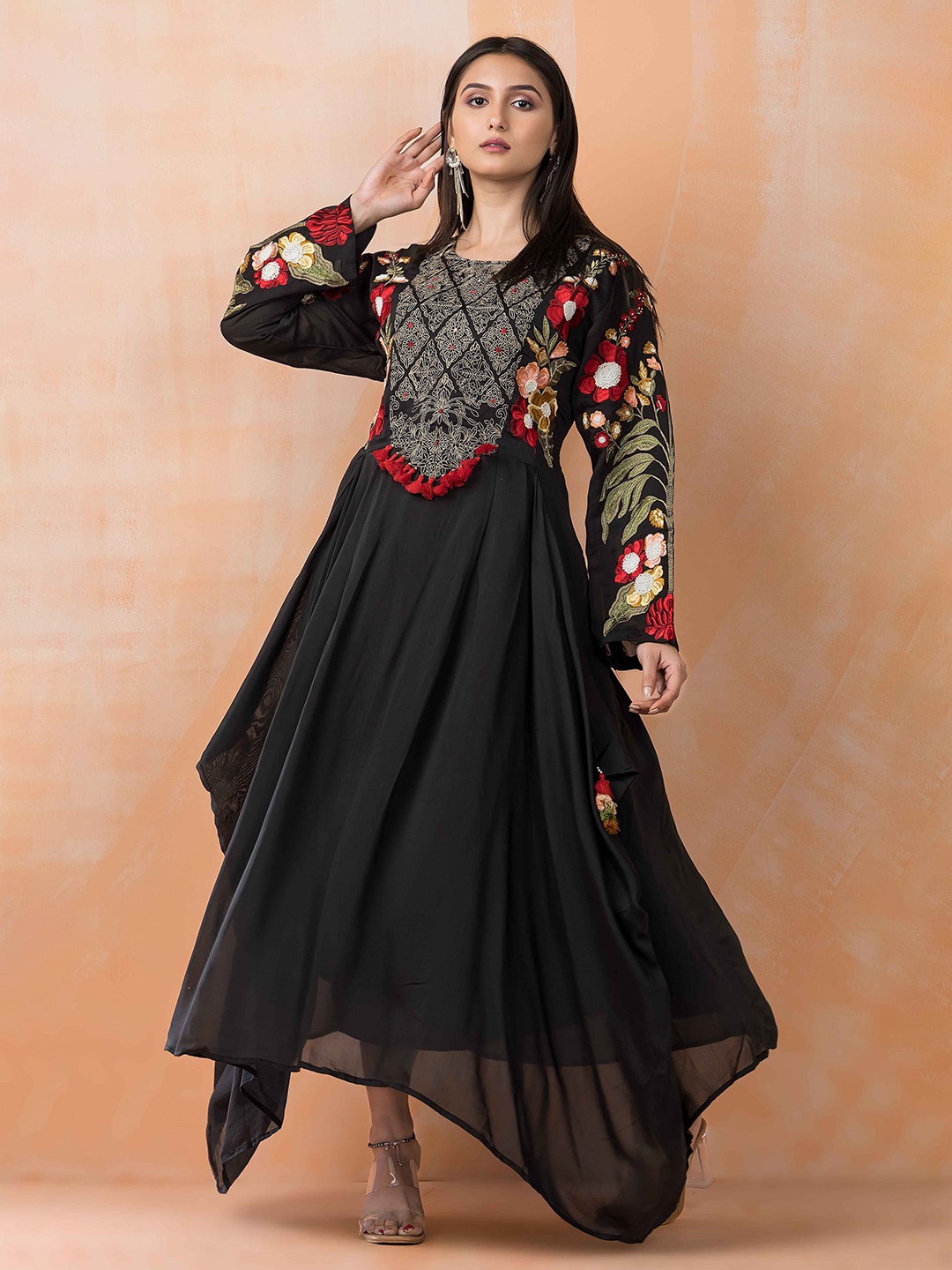

SACRED SUTA Floral Embroidered Maxi Dress, Black