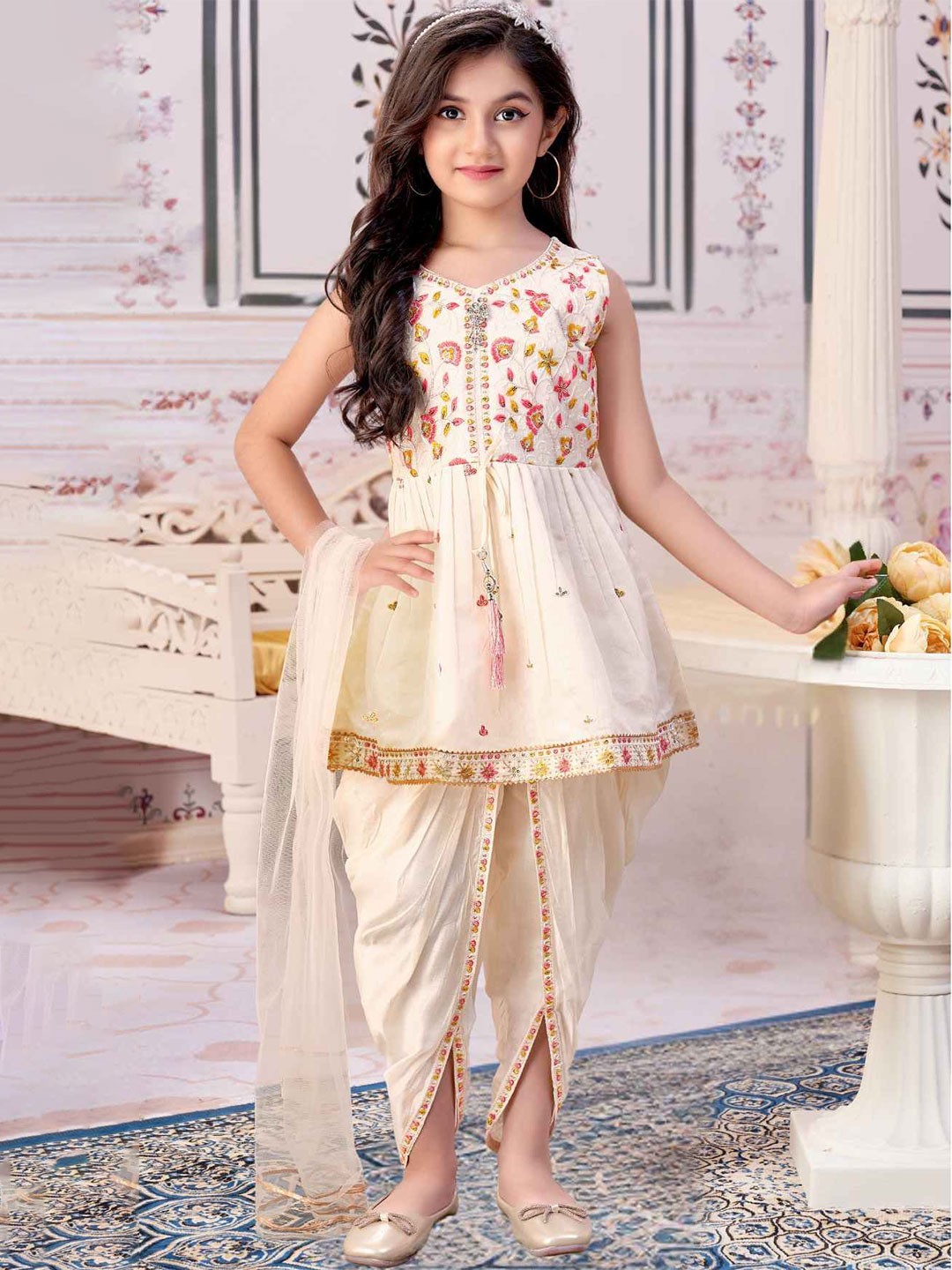 

Lagorii Sleeveless With Sequins Pure Silk Embroidered Dhoti Set - Cream