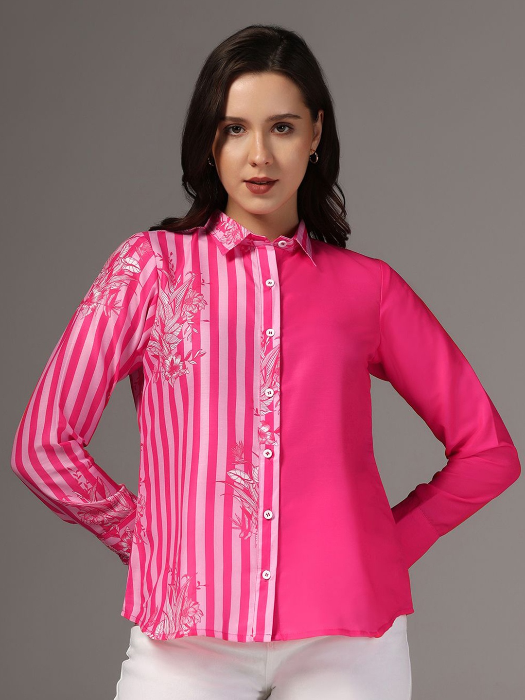 

Moda Rapido Women Spread Collar Floral Printed Party Shirt, Pink