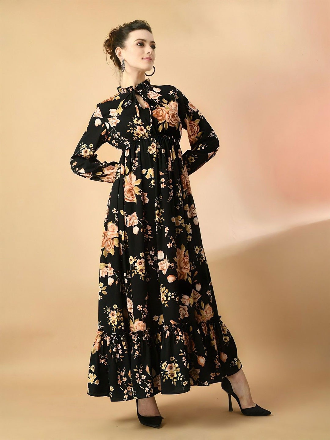 

Krunal Raiyani Floral Printed Tie-Up Neck Crepe Maxi Dress, Black