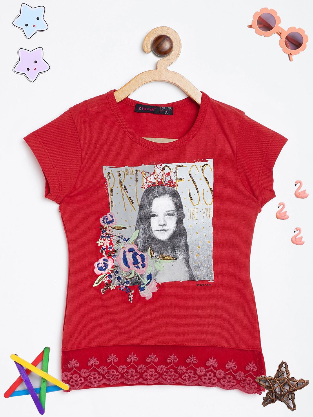 

PAMPOLINA Girls Printed Lace Embroidered Top, Red