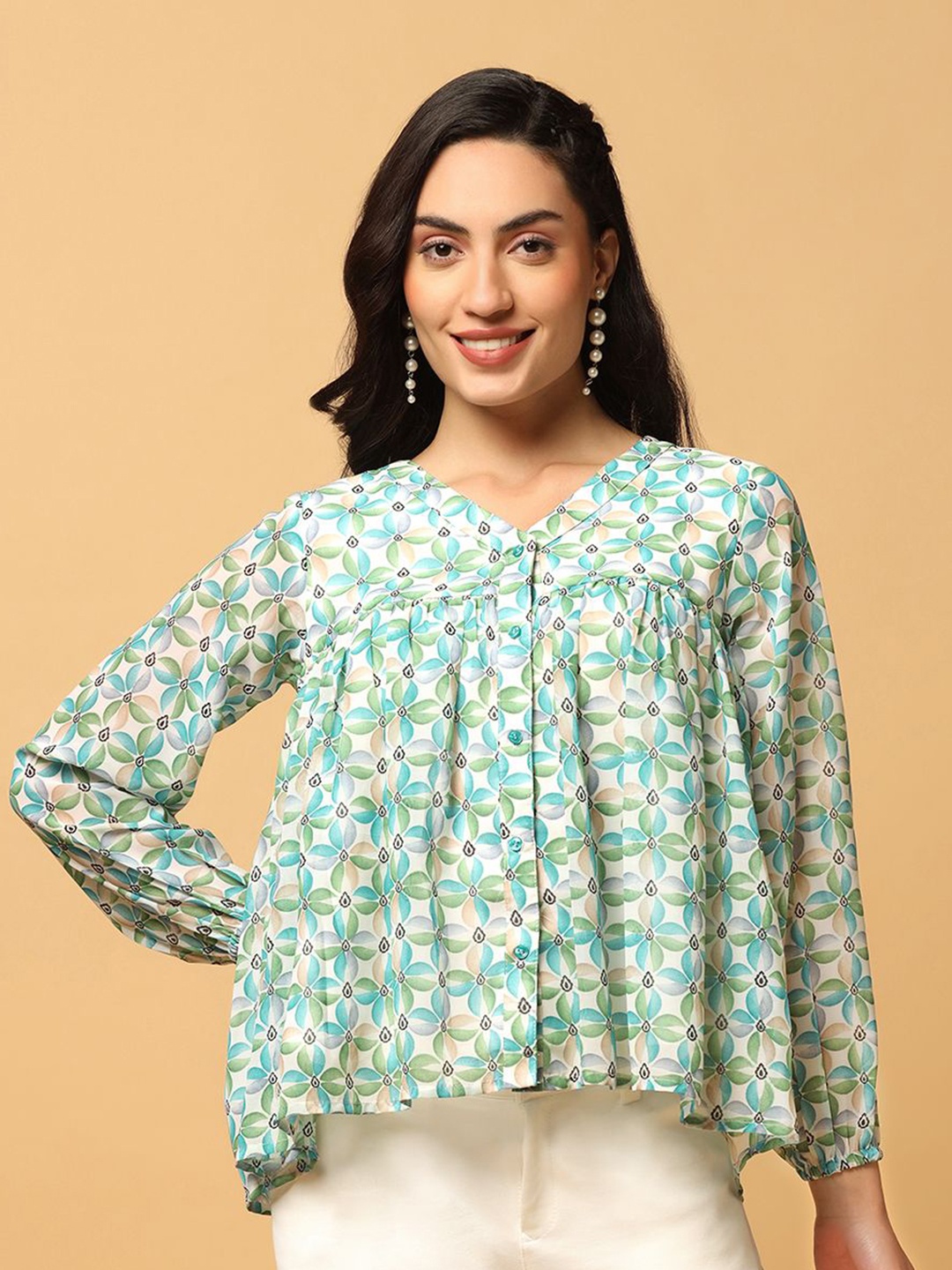 

Moda Rapido Floral Printed Puff Sleeve Empire Top, Green