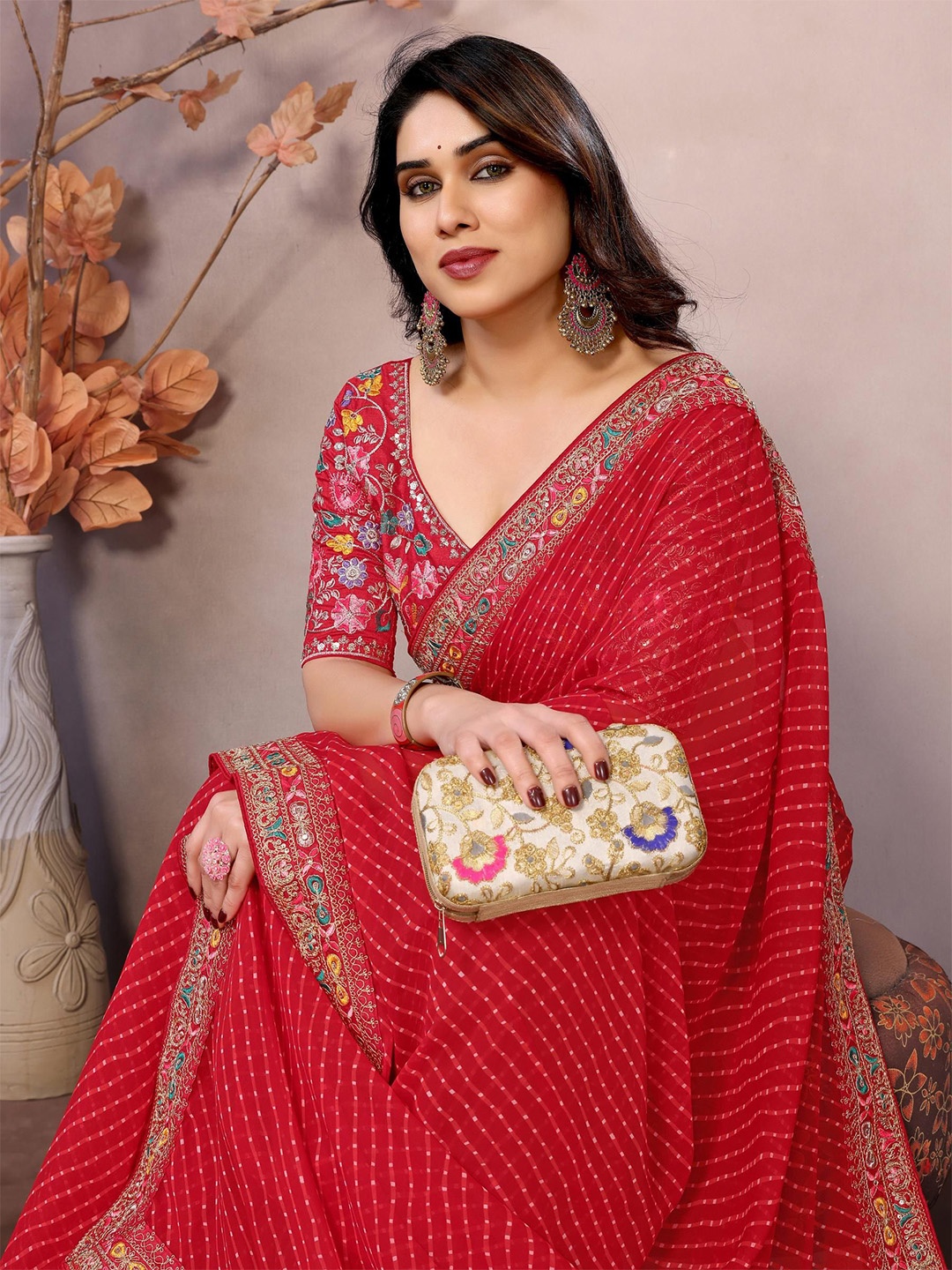 

HERE&NOW Leheriya Embroidered Leheriya Saree, Red