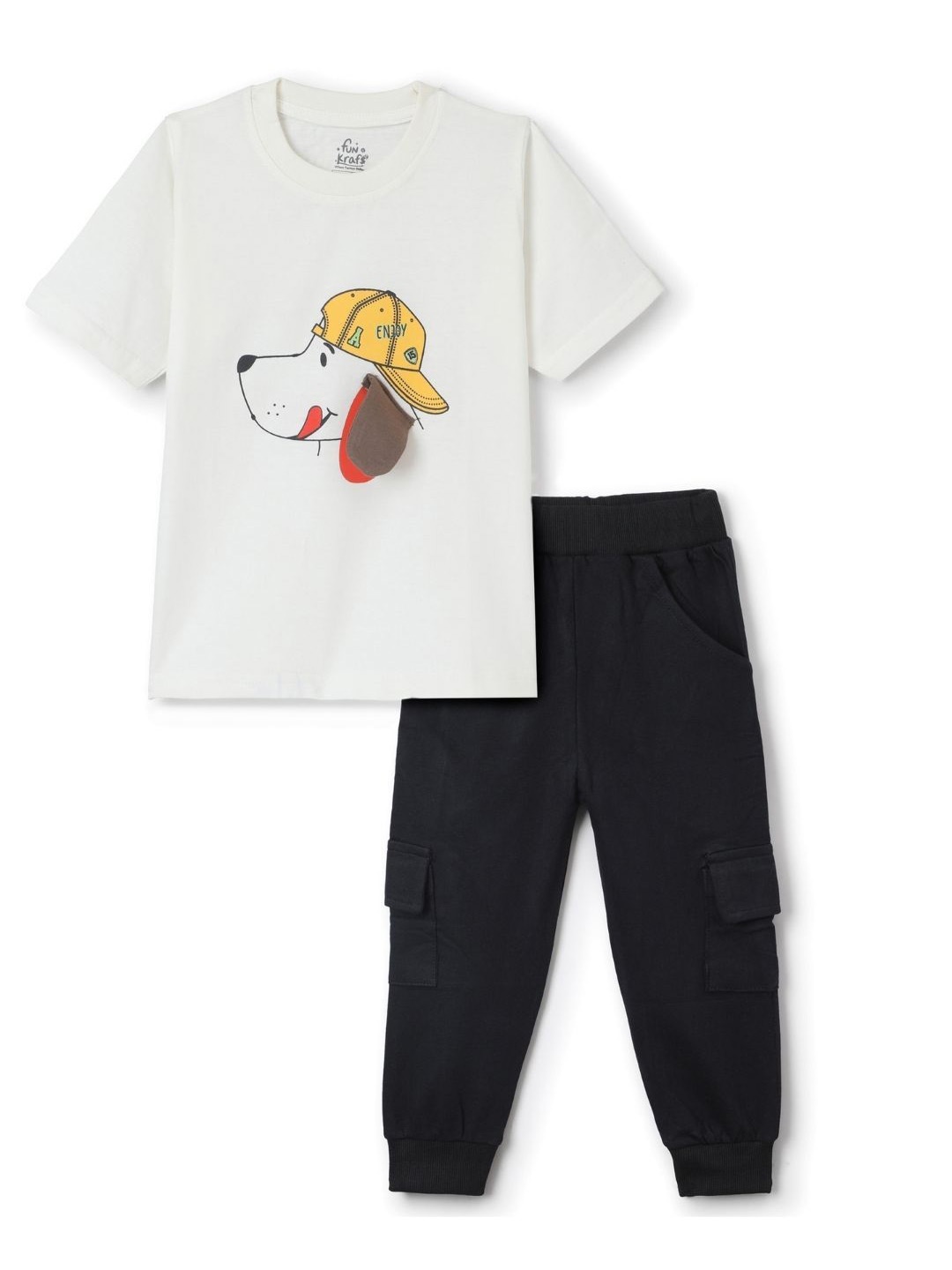 

FUNKRAFTS Boys Printed Round Neck Pure Cotton T-shirt With Joggers, Off white