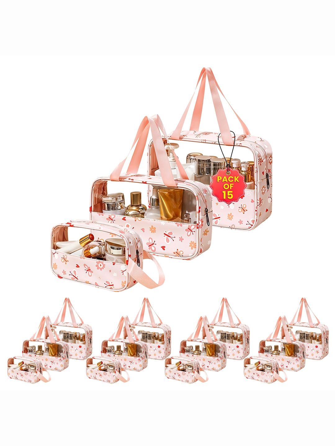 

Kuber Industries Set Of 15 Pink Flower Printed Travel Toiletry Pouch