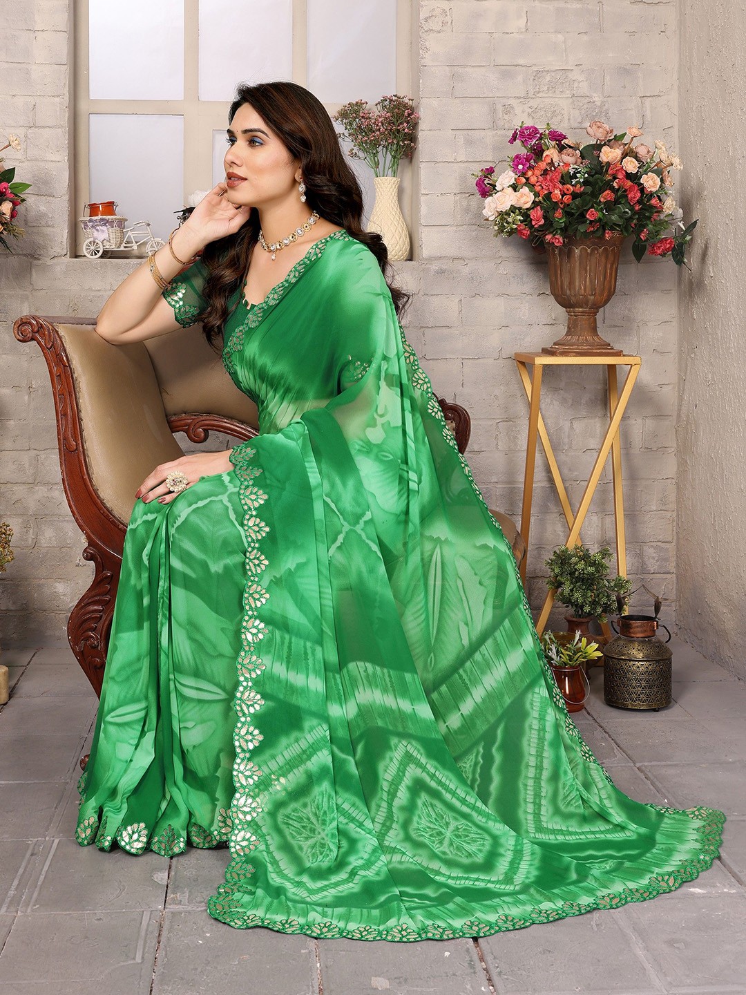 

The Textile Hub Tie & Dye Mirror Work Pure Georgette Saree, Green