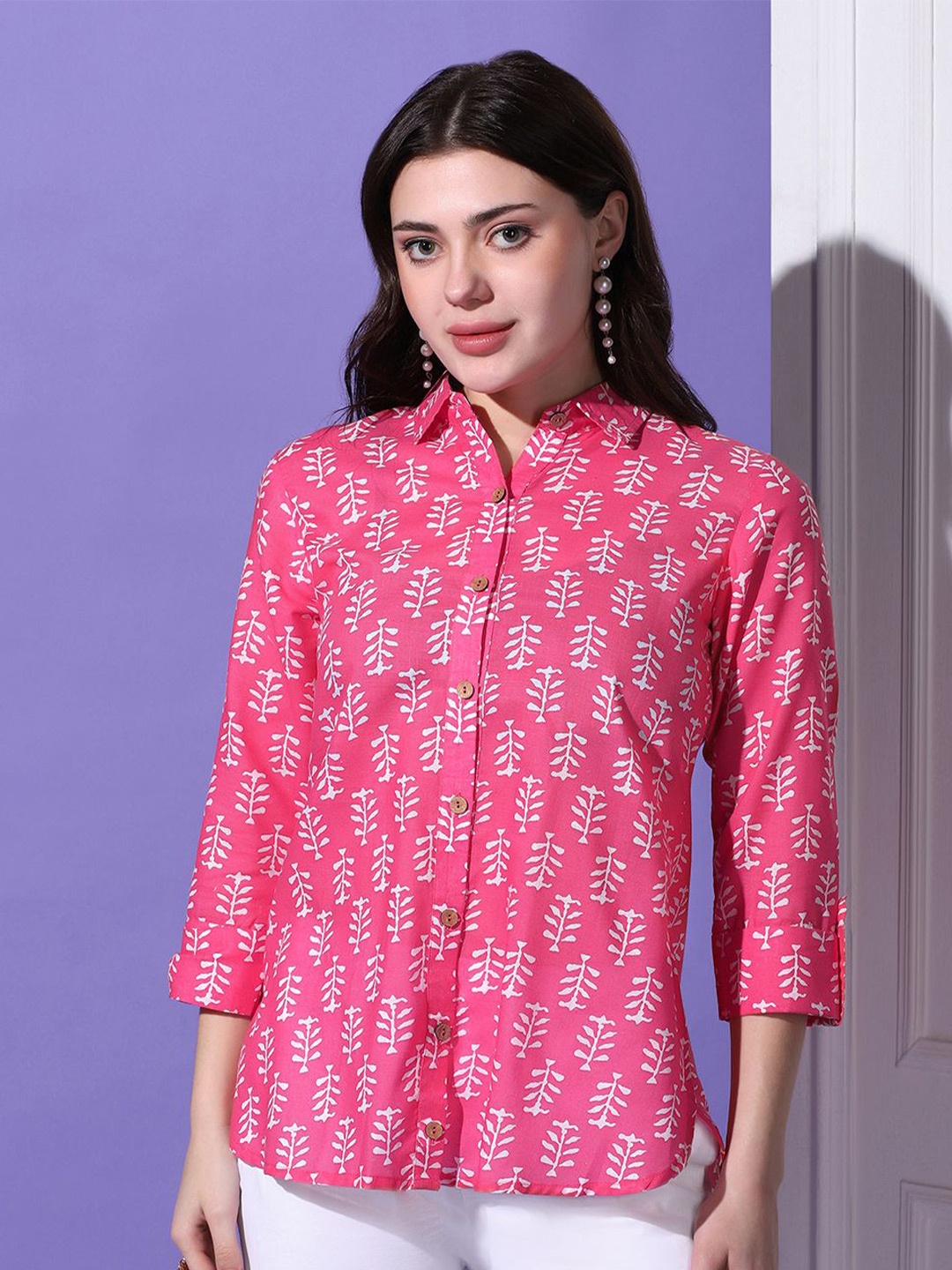 

Moda Rapido Women Spread Collar Floral Printed Cotton Casual Shirt, Pink