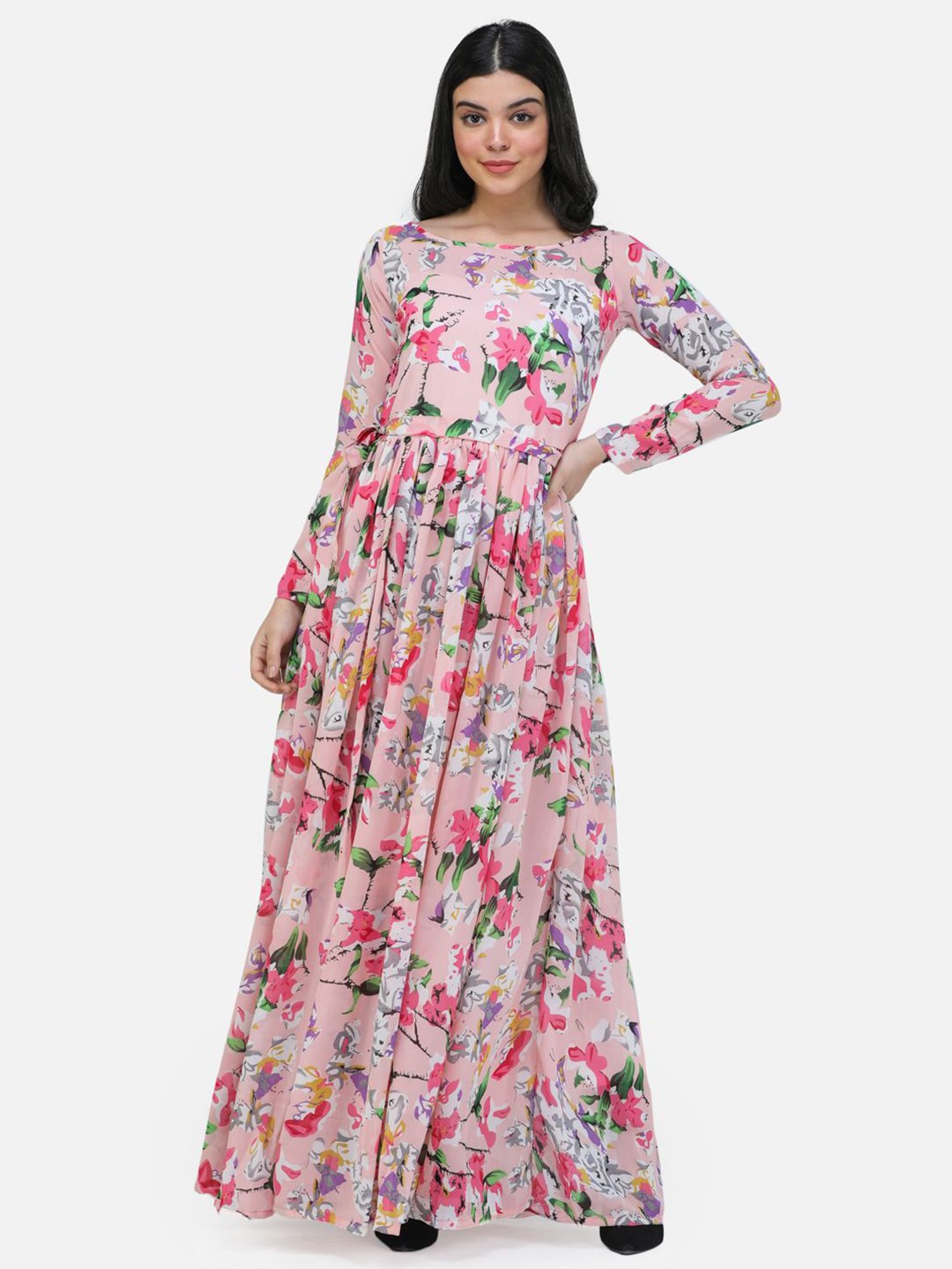 

BAESD Women Floral Printed Boat Neck Georgette Maxi Dress, Pink