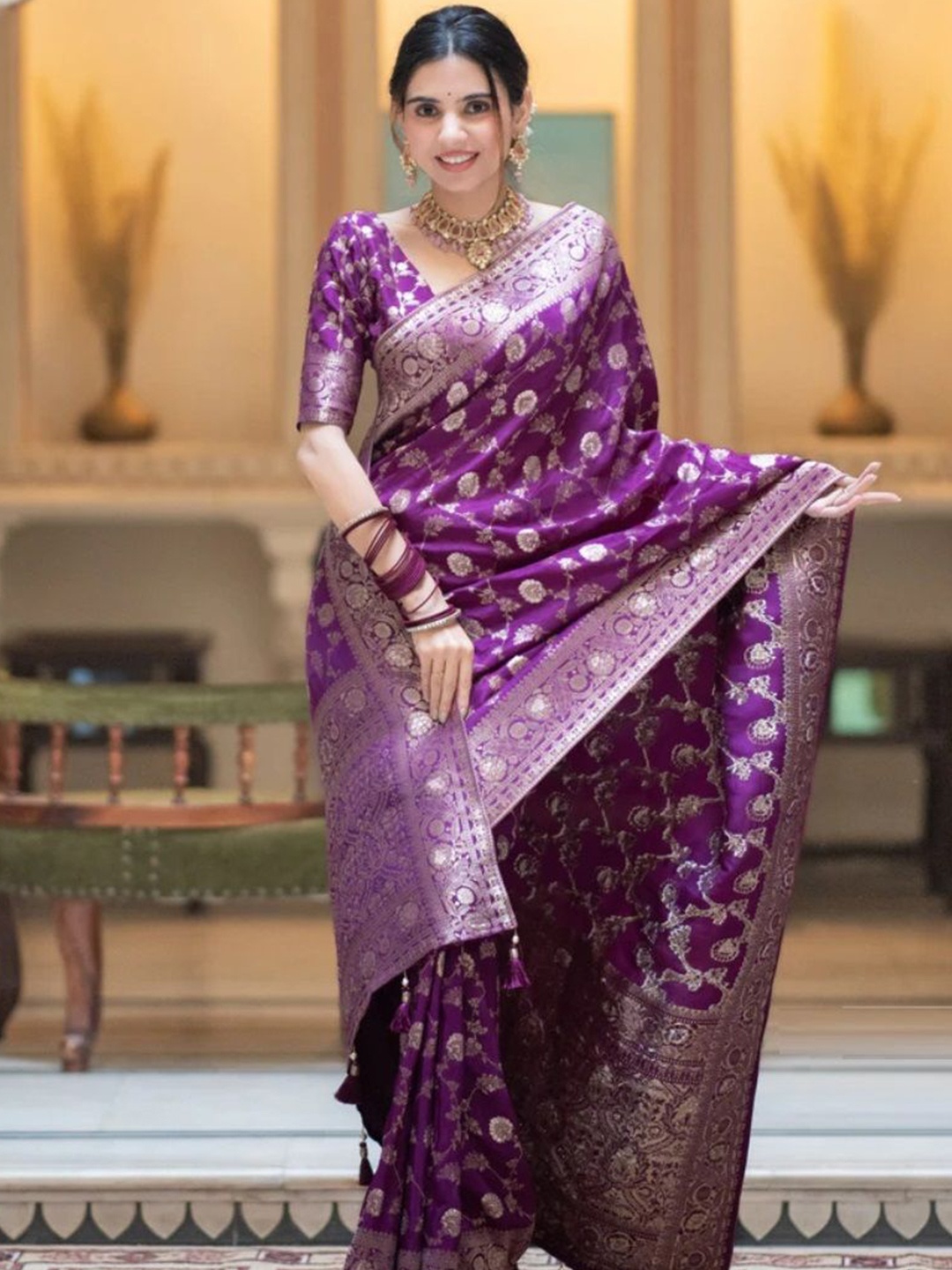 

PHEASANT Ethnic Motifs Zari Designer Banarasi Saree, Purple