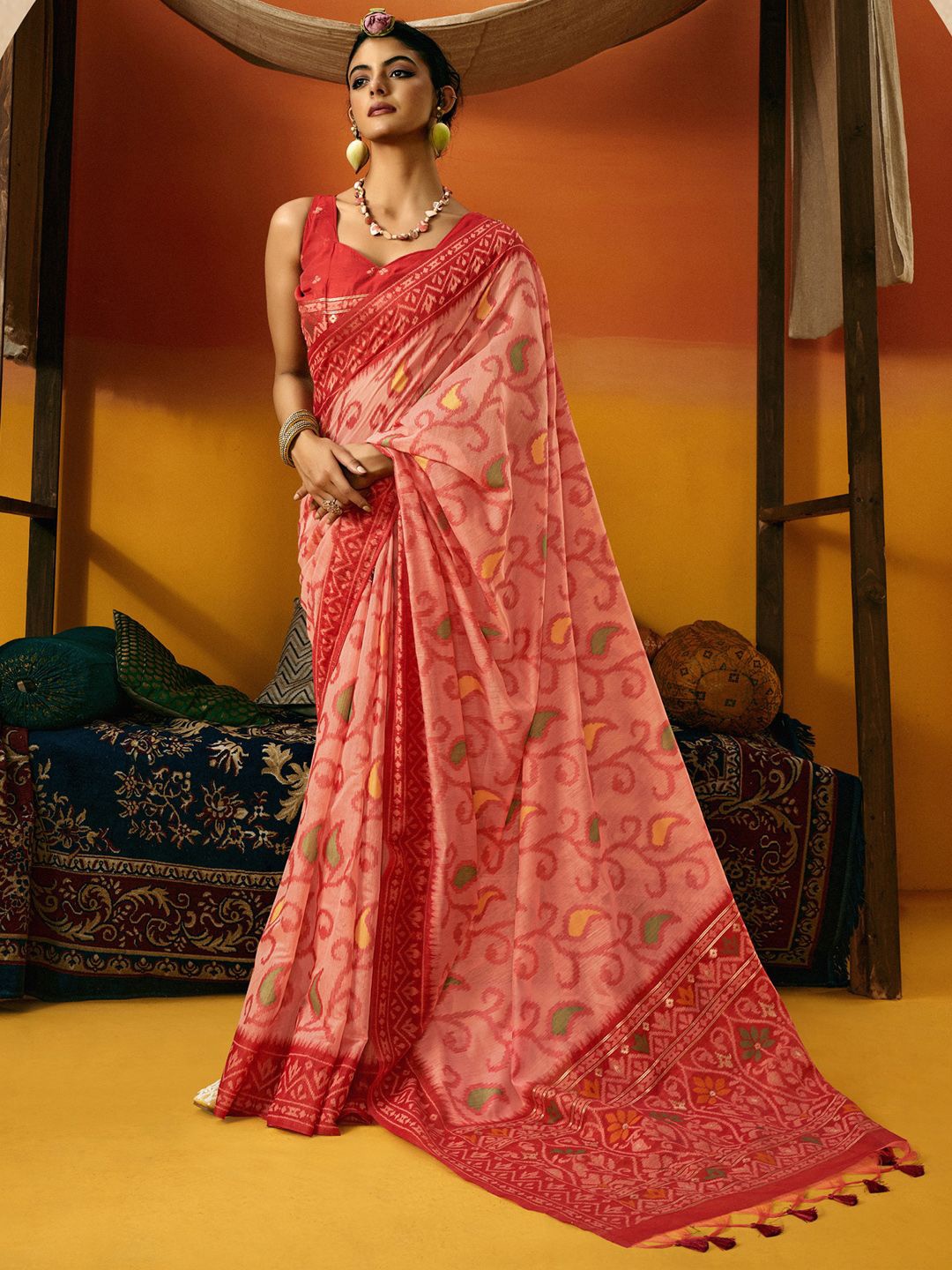 

Mitera Woven Design Paisley Ikat Saree, Peach