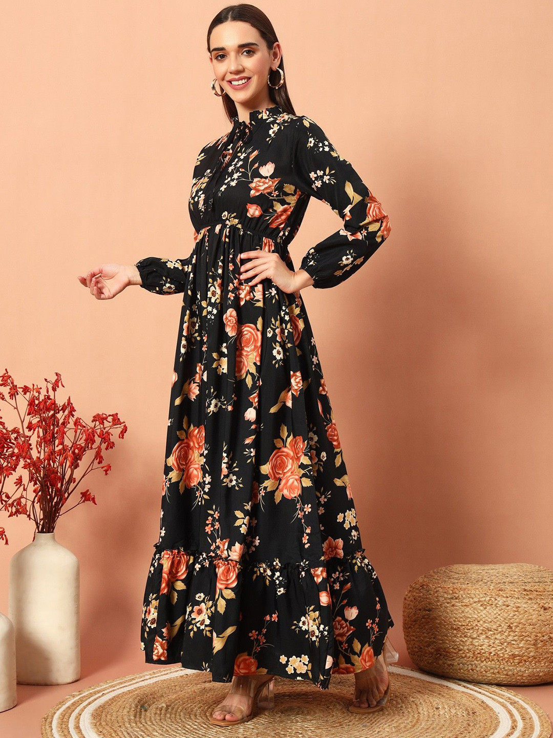 

Krunal Raiyani Women Floral Printed Fit & Flare Dress, Gold