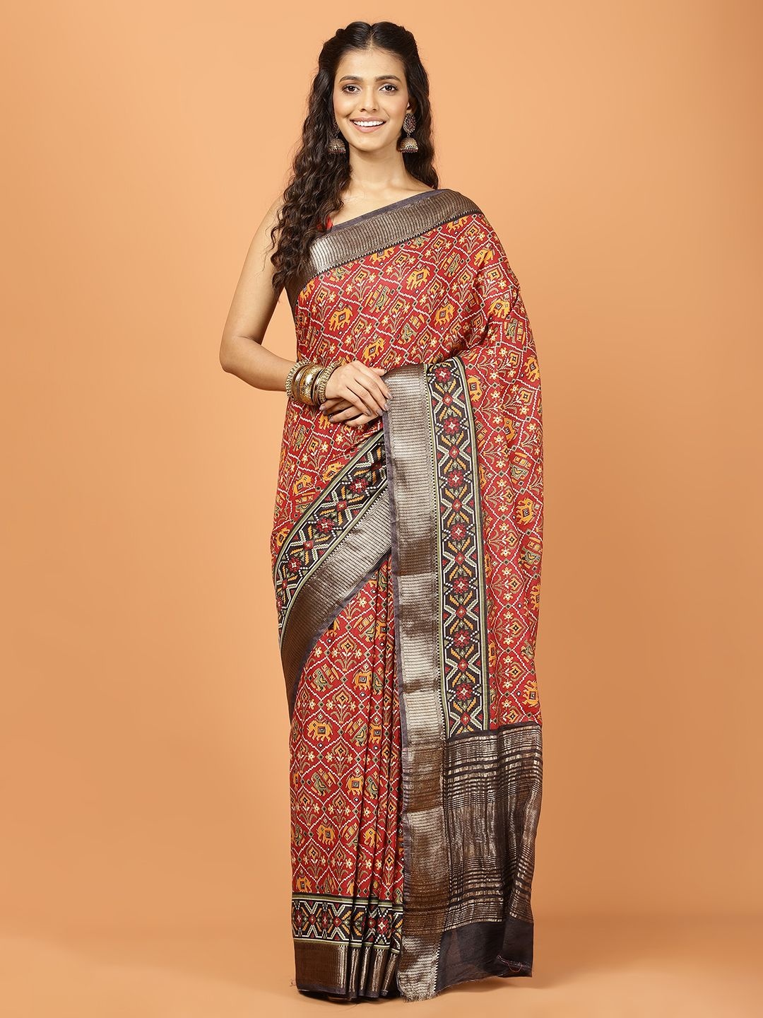 

Meena Bazaar Woven Design Ethnic Motifs Printed Zari Saree, Red