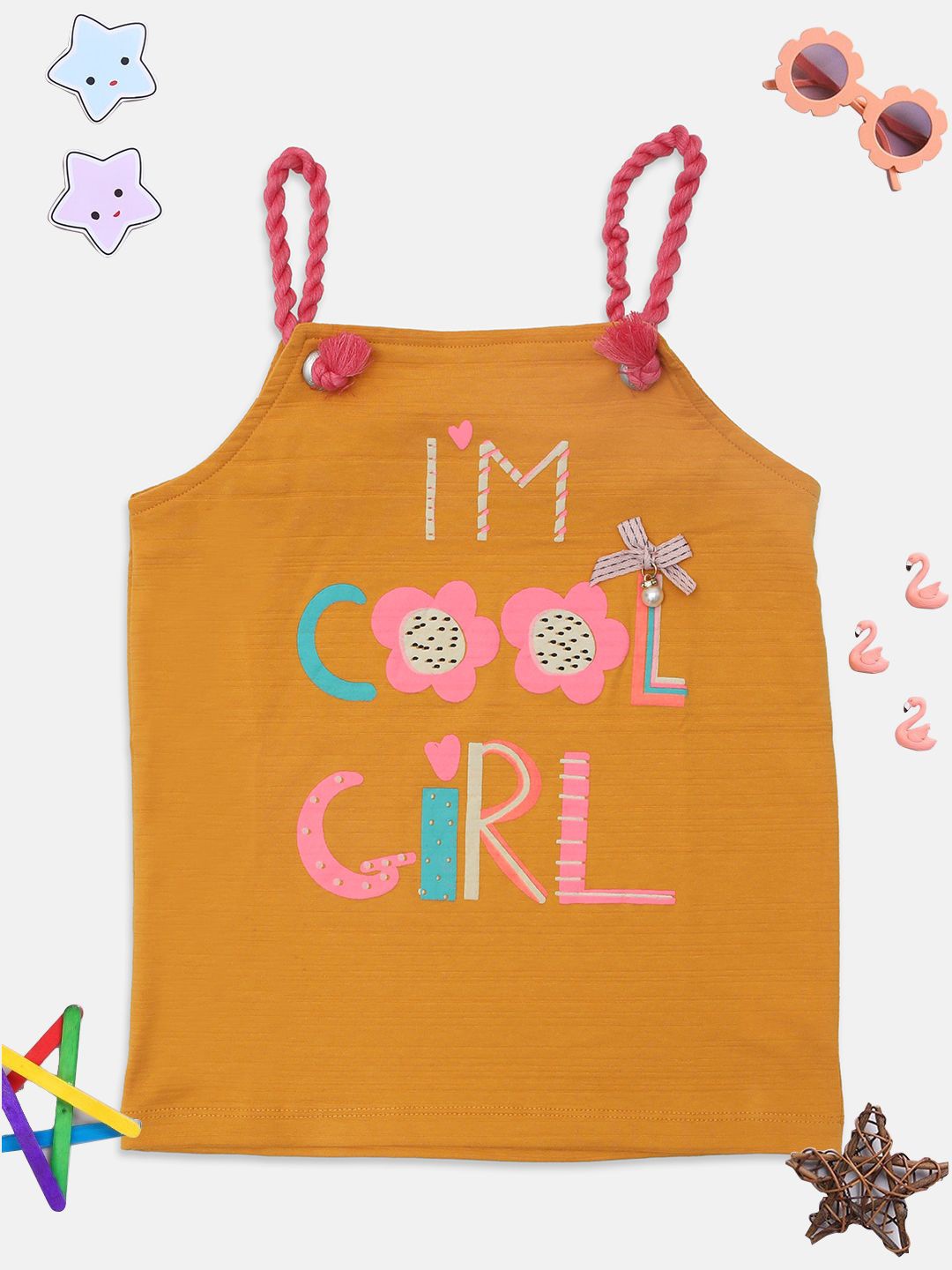 

PAMPOLINA Girls Shoulder Straps Sleeveless Typography Printed Casual Top, Mustard